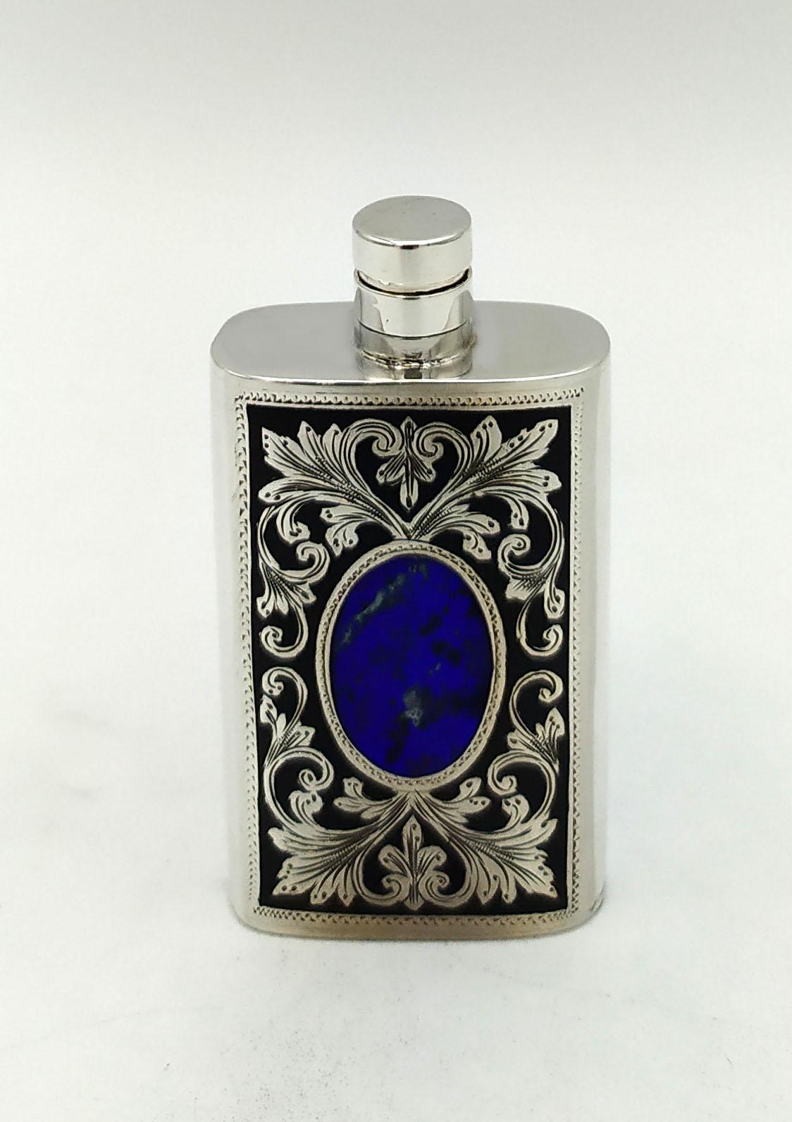 Ovalized Handbag Perfume Holder is in 925/1000 Sterling Silver. 
Handbag Perfume Holder with Screwed cap. 
Handbag Perfume Holder with very fine Baroque Style manual Engraving with decorations and central oval, front and back.
Handbag Perfume Holder