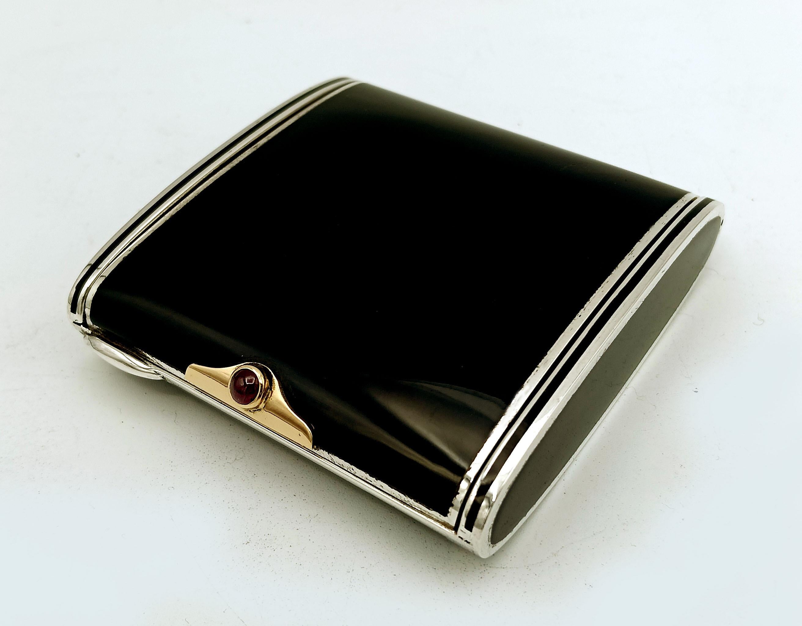 Art Déco borsetta portacipria ienamel argento sterling oro e rubino cabochon Salimbeni in vendita