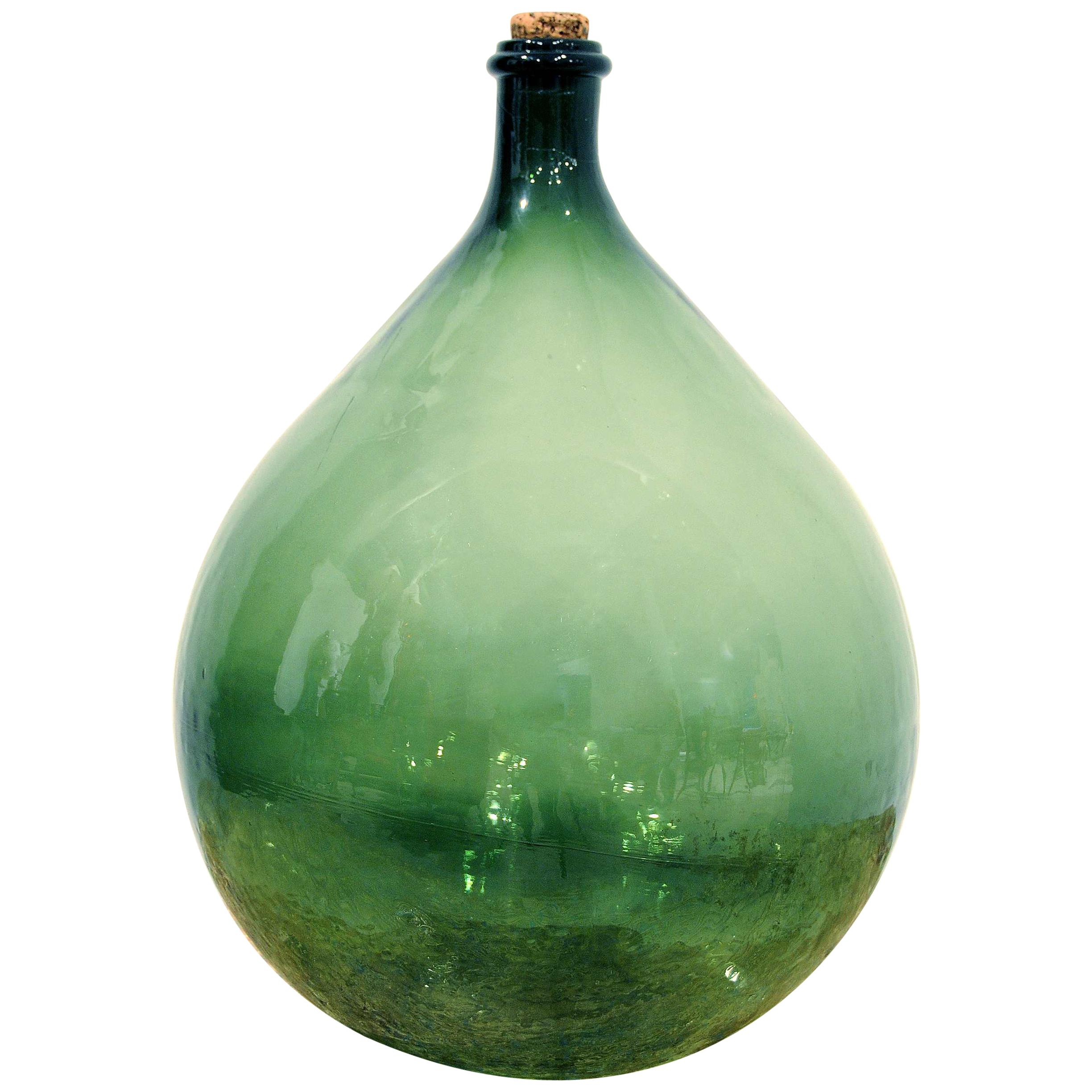 Handblown 19th Century Green Glass Bottle with Cork, Origin Sweden, circa 1890