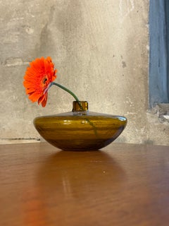 Handblown Amber Glass Bud Vase, Sculptural Low Bowl Shape, Mid-Century Style
