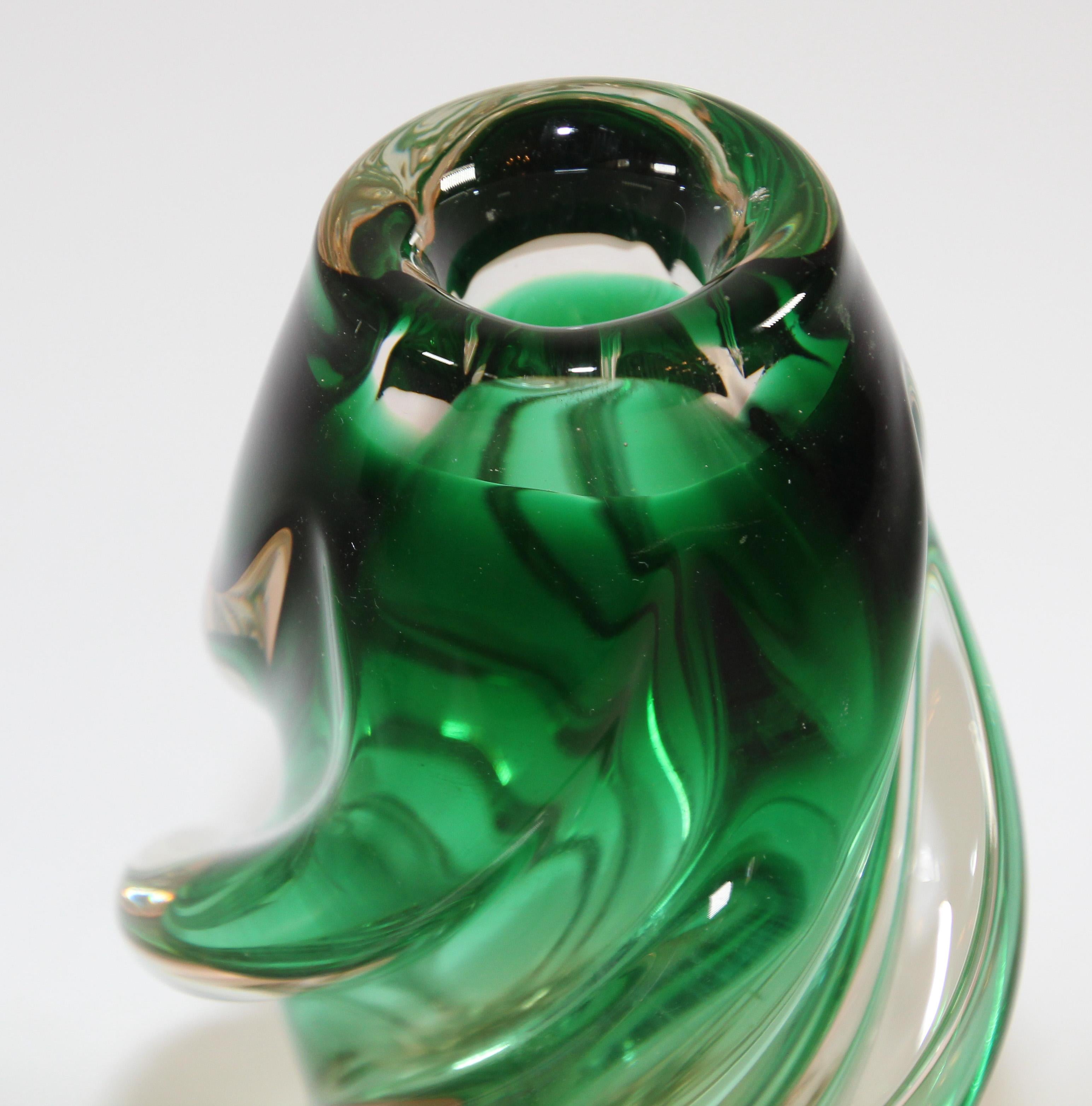 Organic Modern Handblown Art Glass Vase in Green Twisted Organic Shape For Sale