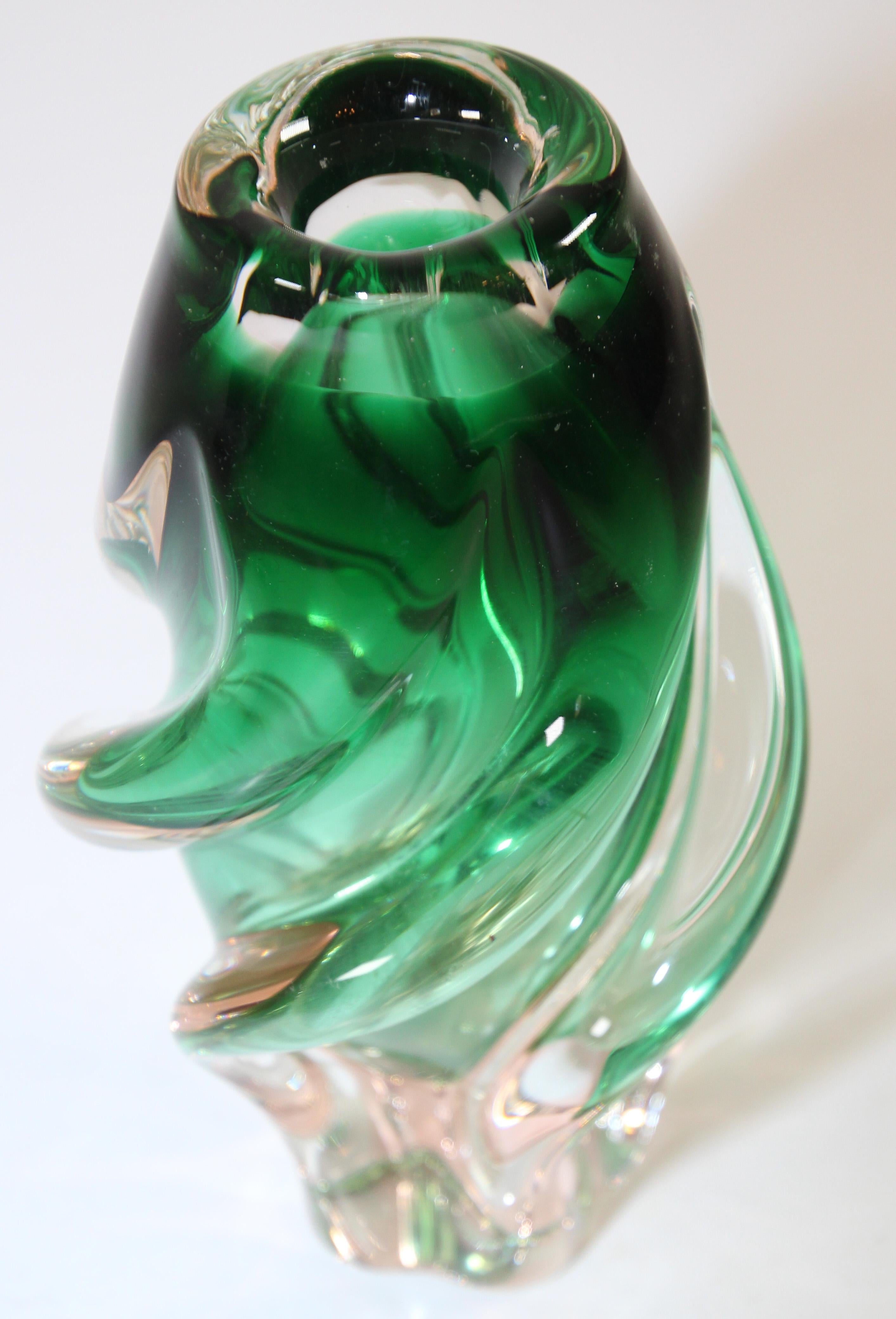 European Handblown Art Glass Vase in Green Twisted Organic Shape For Sale