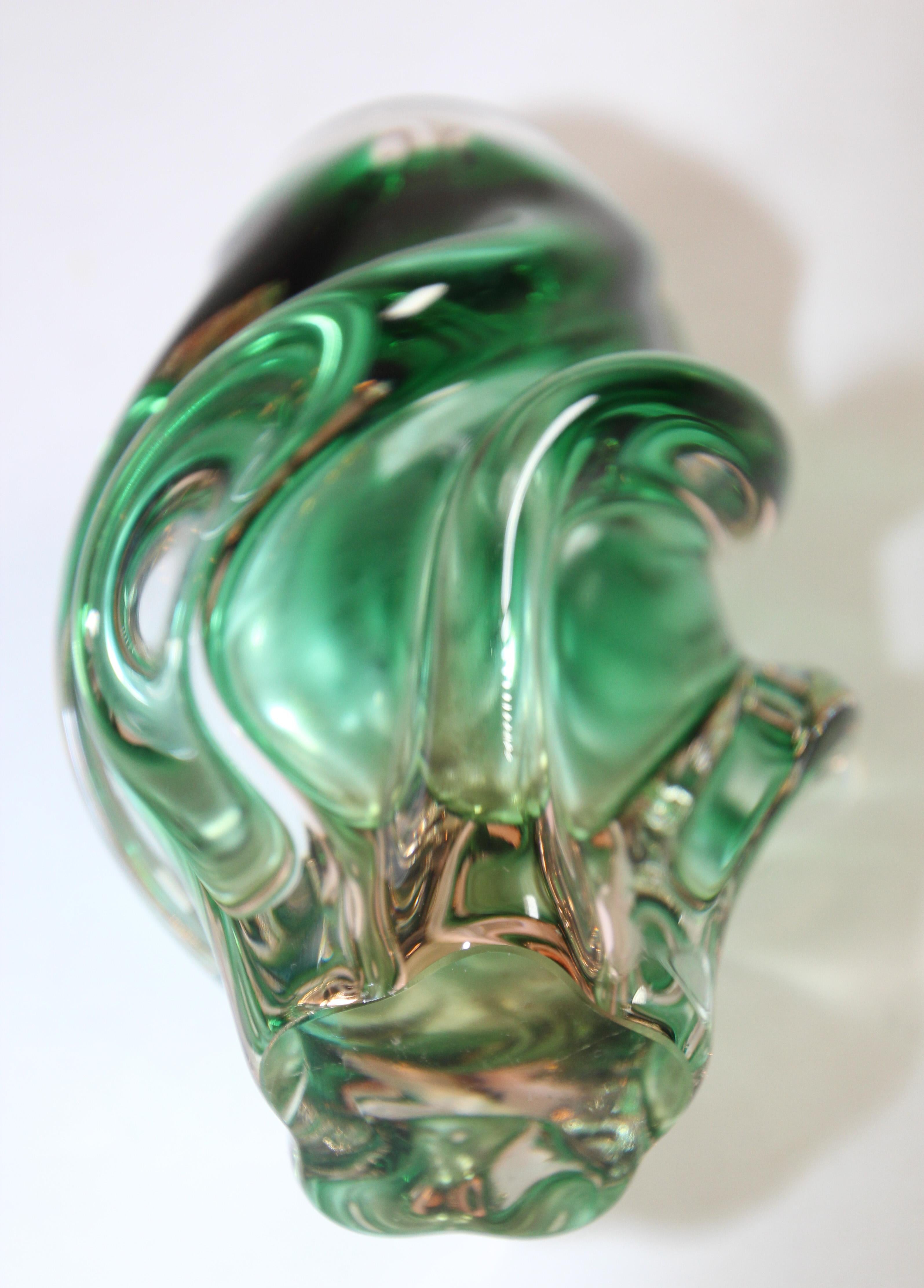Hand-Crafted Handblown Art Glass Vase in Green Twisted Organic Shape For Sale