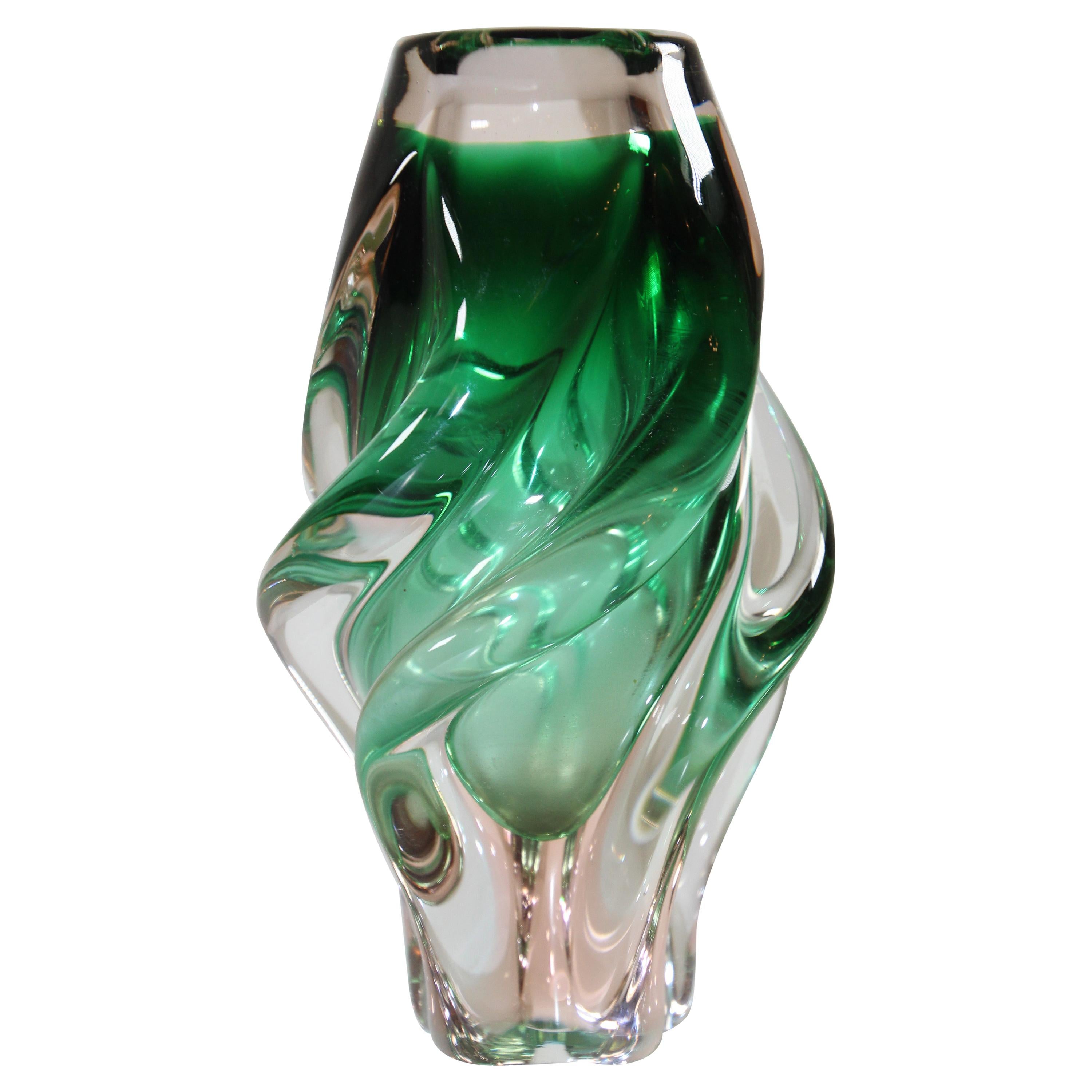 Handblown Art Glass Vase in Green Twisted Organic Shape For Sale