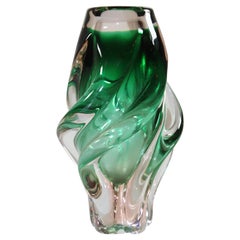 Handblown Art Glass Vase in Green Twisted Organic Shape