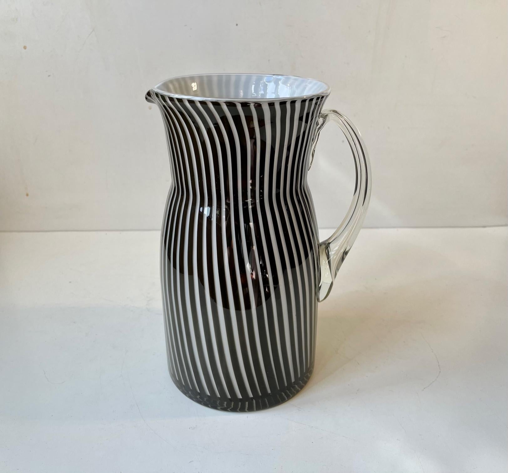 Late 20th Century Handblown Black and White Striped Glass Pitcher from Murano, 1980s