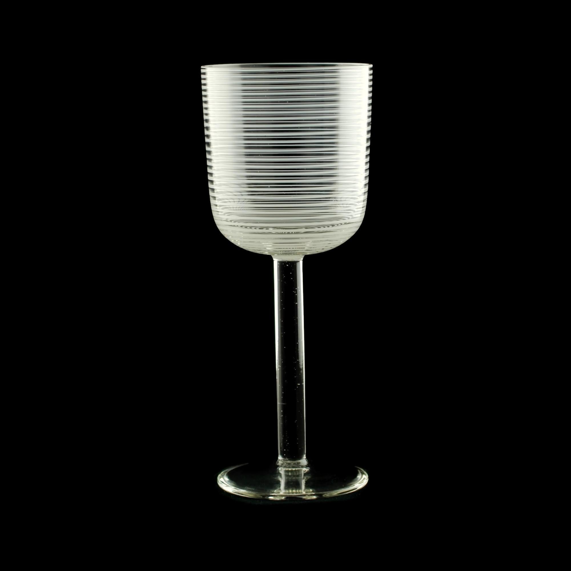 Modern Handblown Clear Venetian Glass Goblets with Threaded Decoration Set of 12 For Sale
