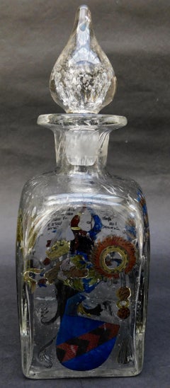 Handblown Continental Glass Decanter with Painted Enamel Decorated Panels