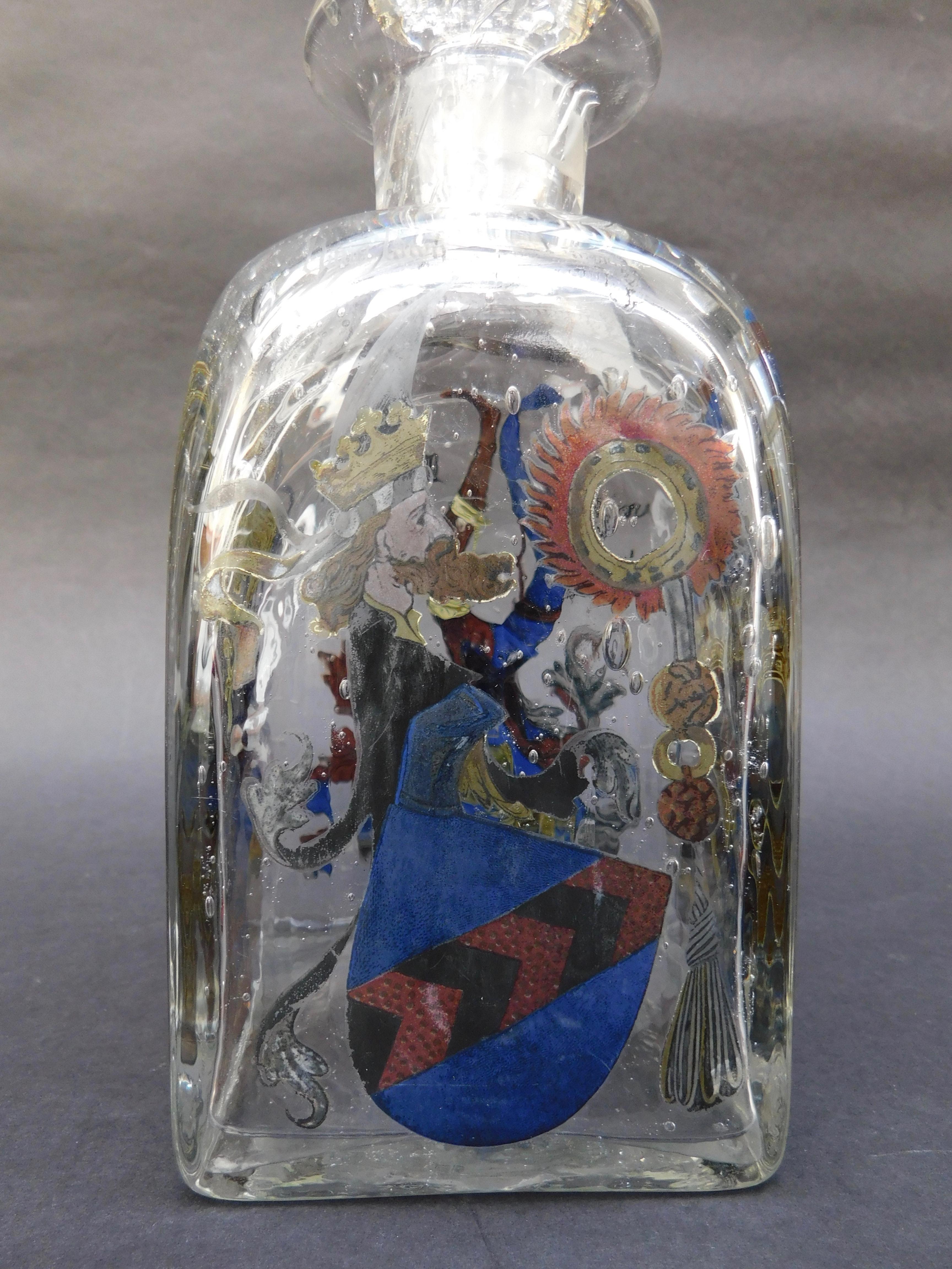 European Handblown Continental Glass Decanter with Painted Enamel Decorated Panels For Sale