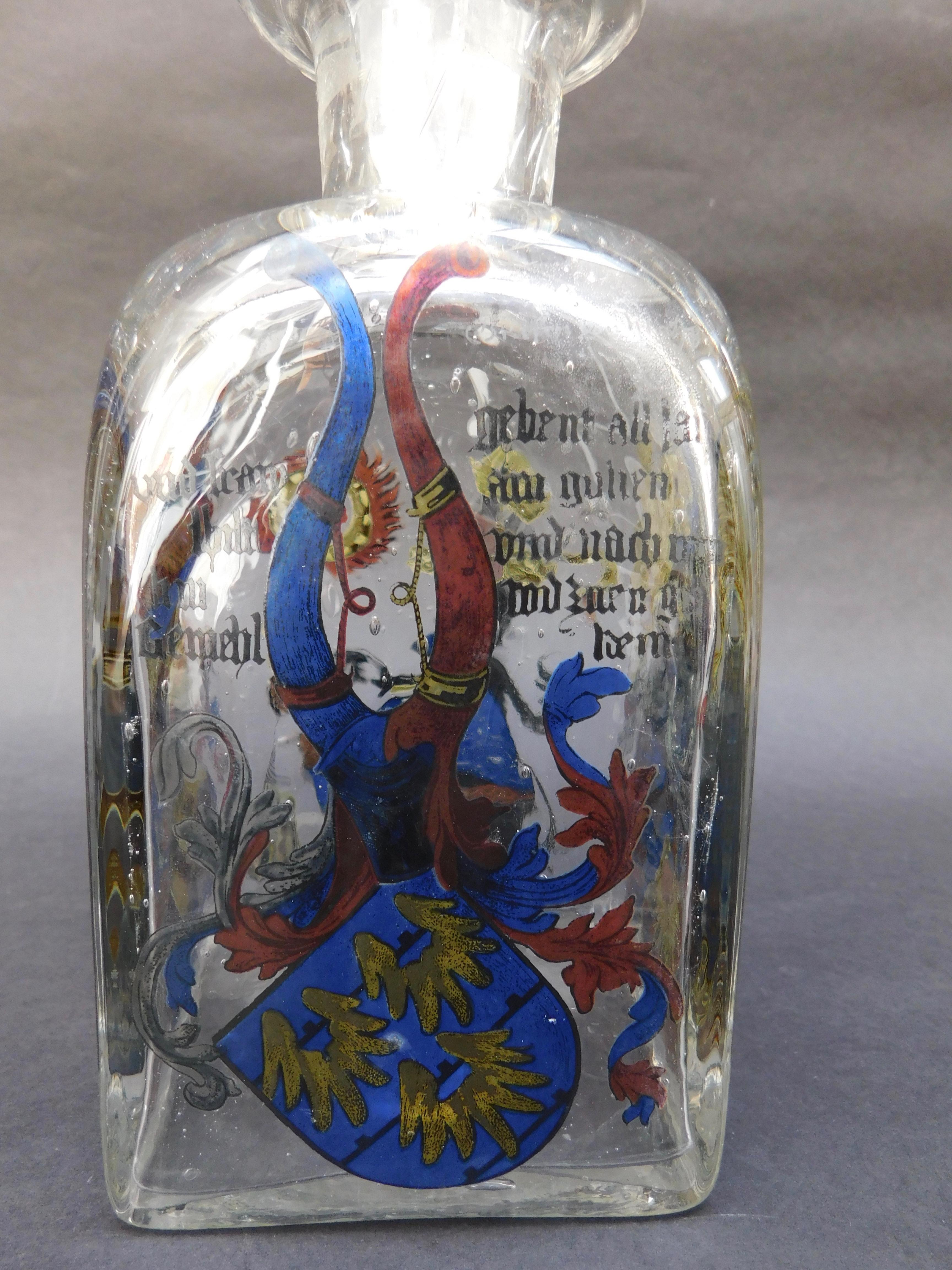 Handblown Continental Glass Decanter with Painted Enamel Decorated Panels For Sale 1
