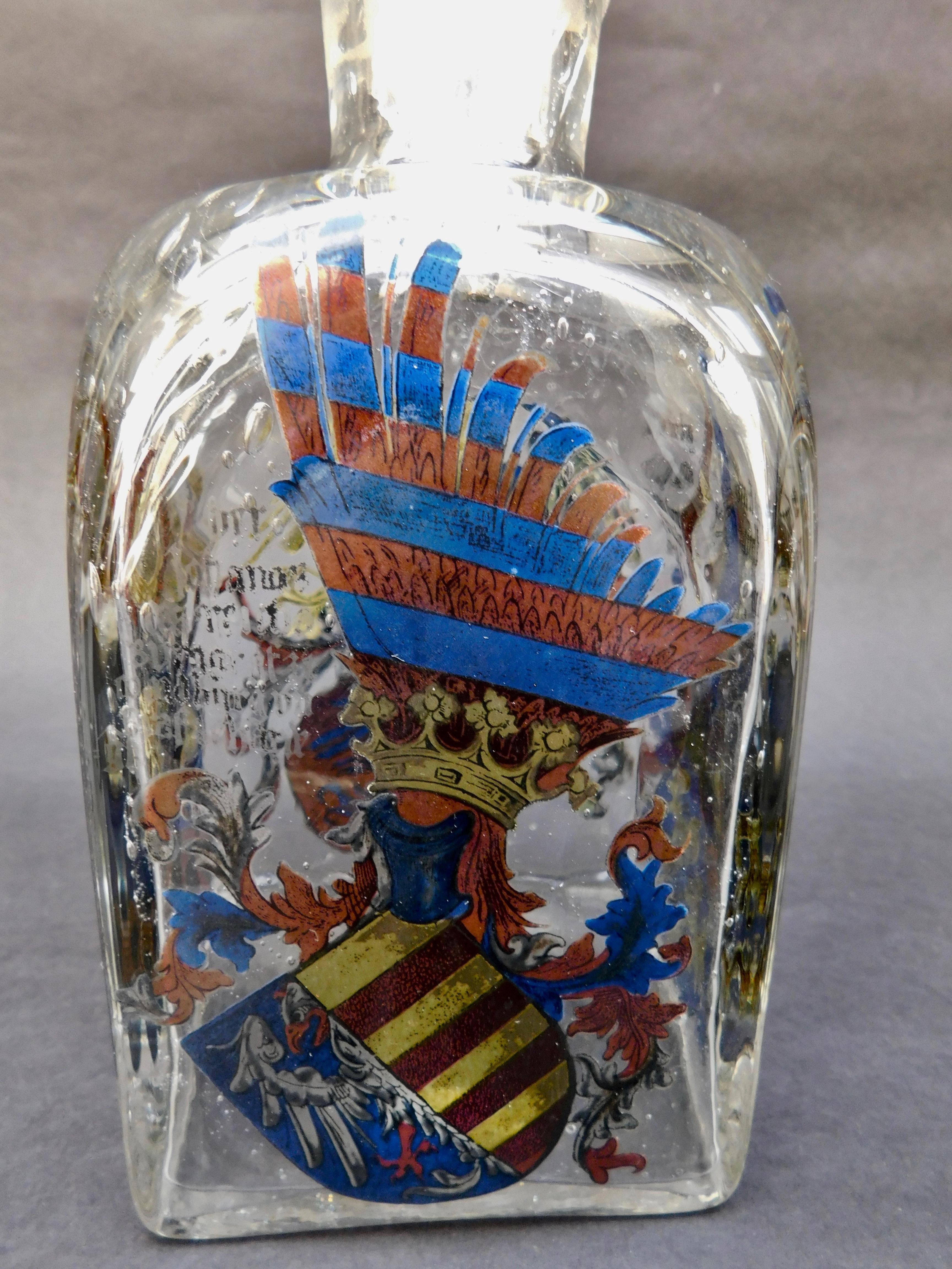 Handblown Continental Glass Decanter with Painted Enamel Decorated Panels For Sale 2
