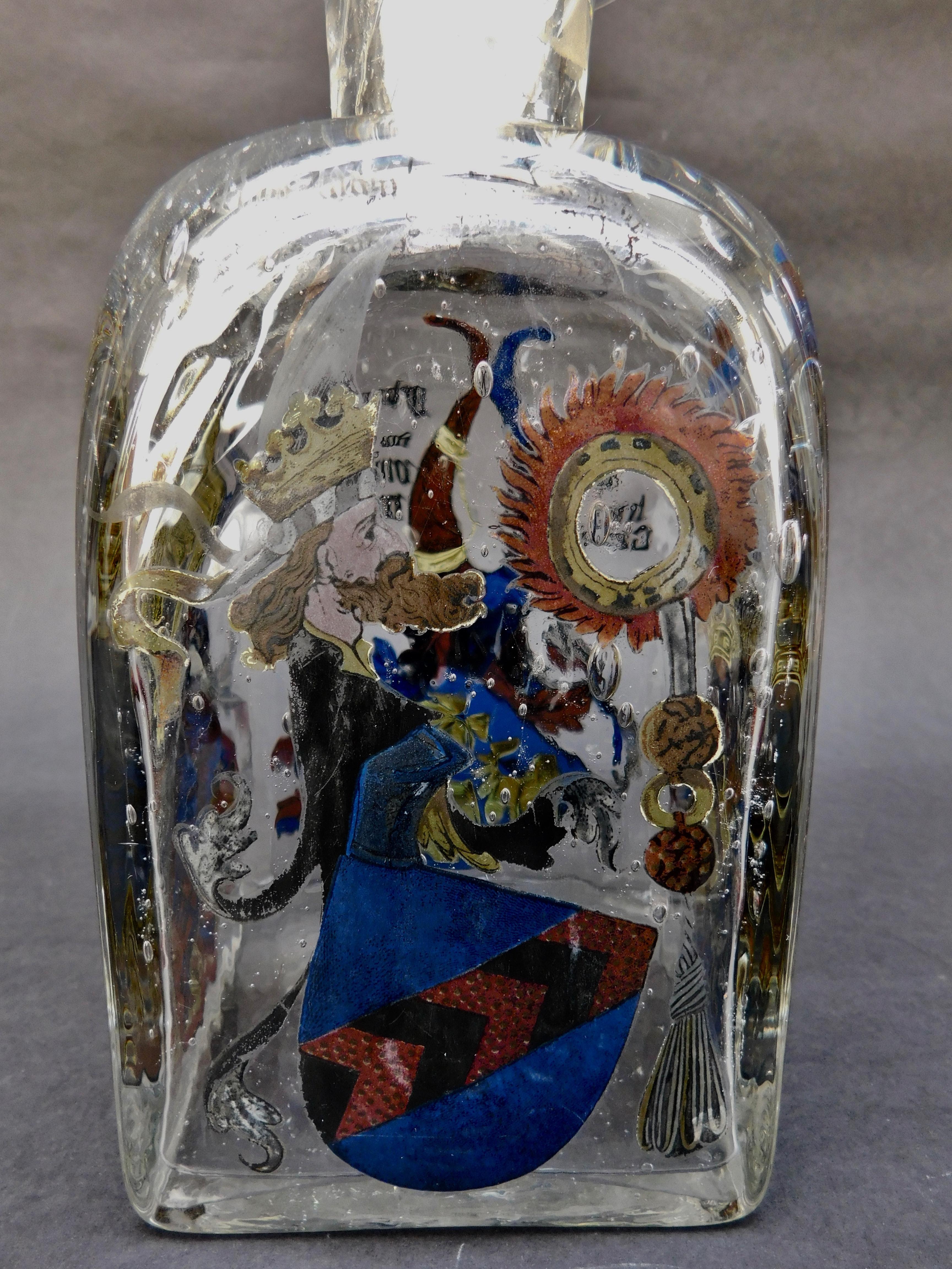 Handblown Continental Glass Decanter with Painted Enamel Decorated Panels For Sale 3