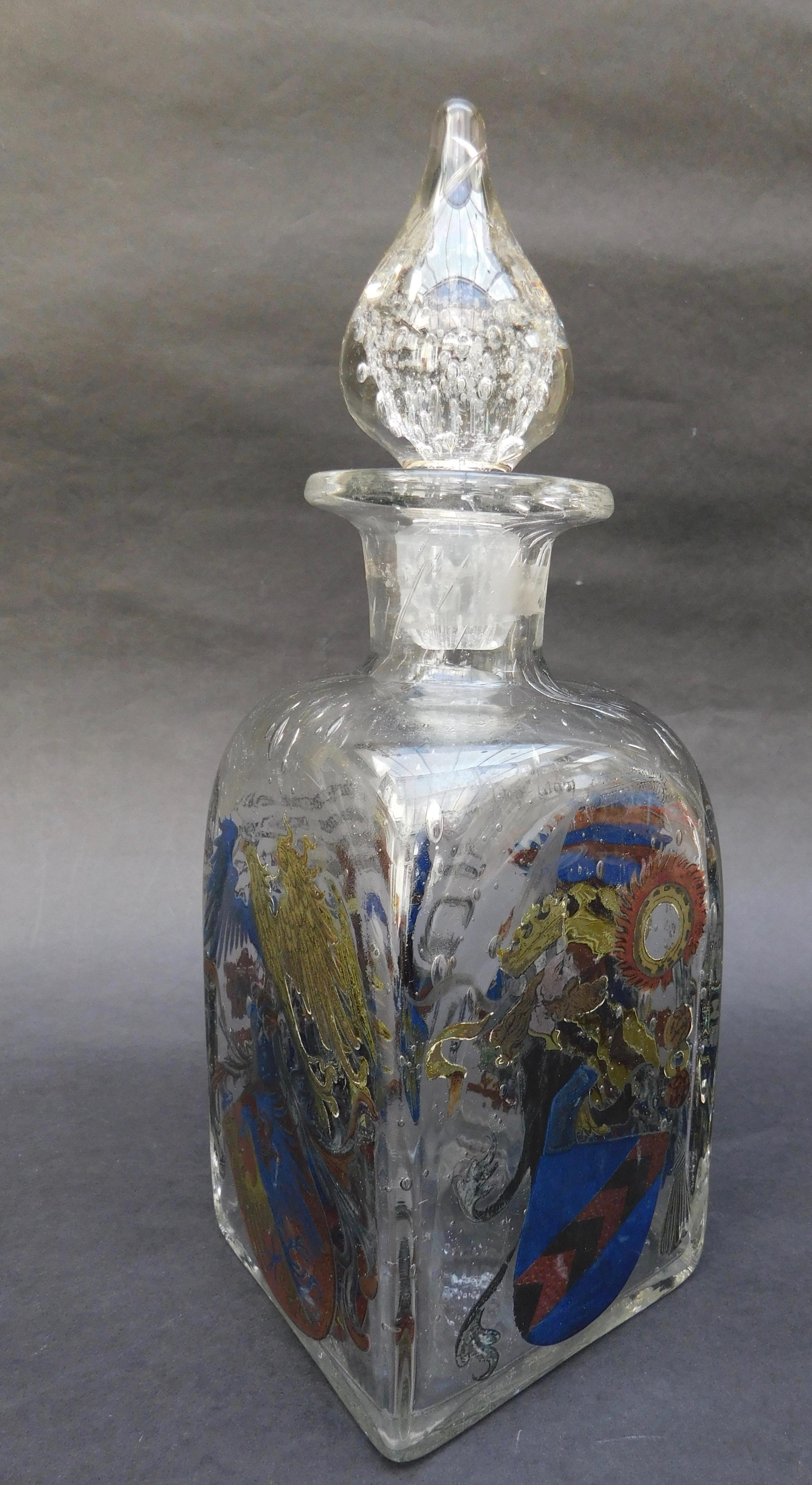 Handblown Continental Glass Decanter with Painted Enamel Decorated Panels For Sale 4