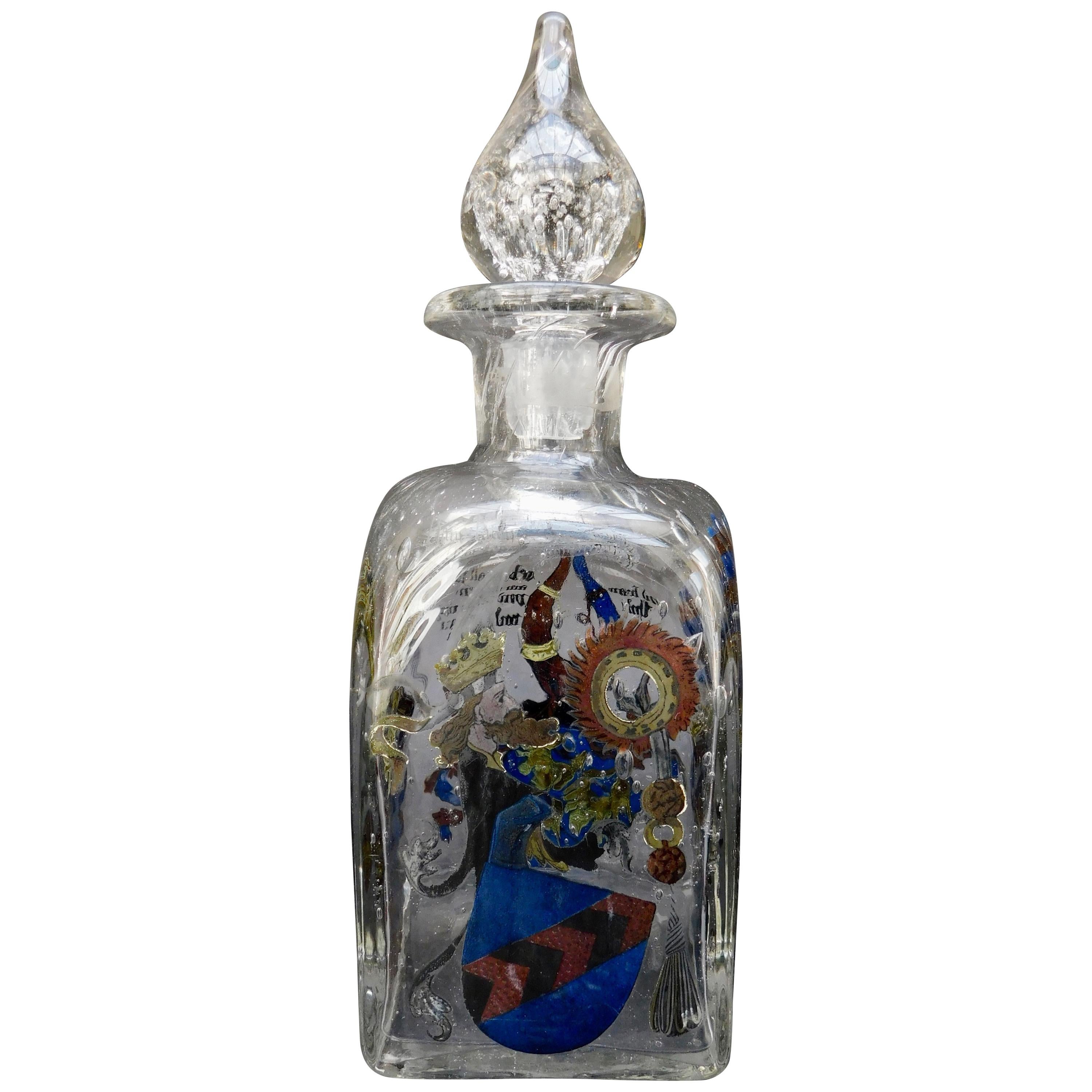 Handblown Continental Glass Decanter with Painted Enamel Decorated Panels For Sale