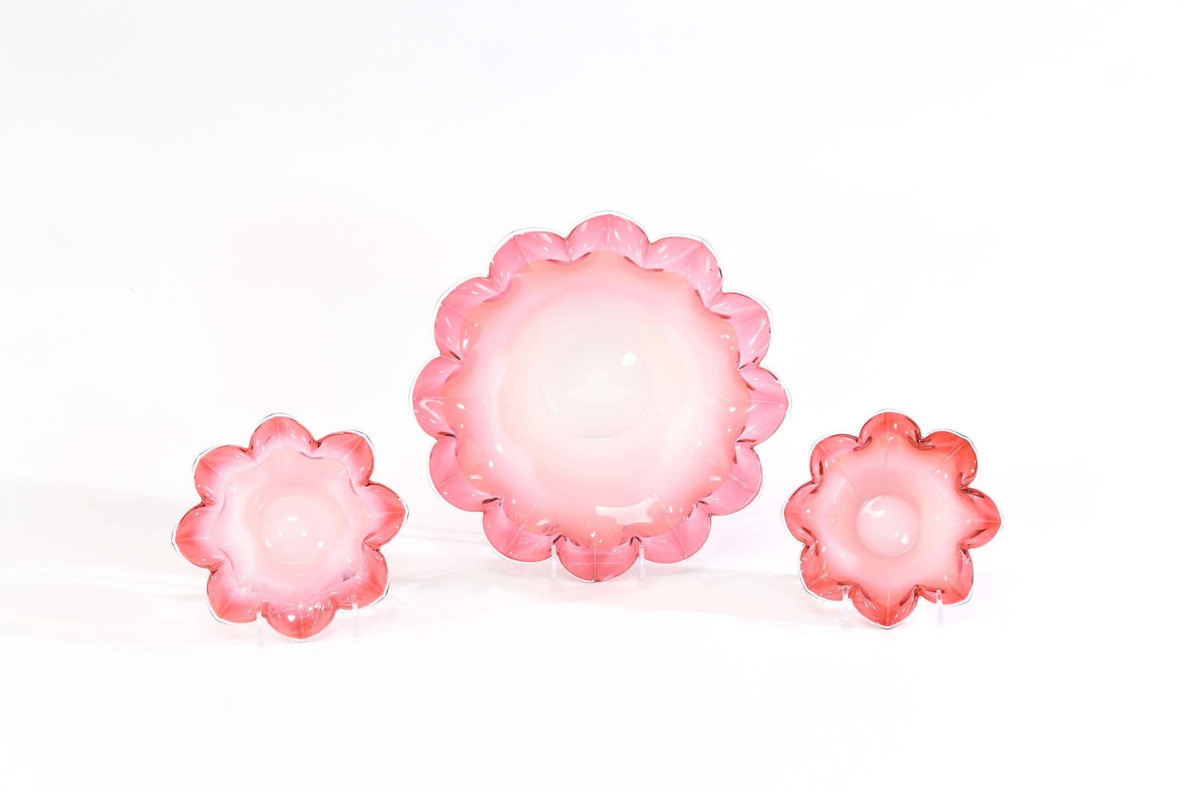 Art Nouveau Handblown Cranberry Shaded to Pink Flower Shaped Dessert Berry Set of 13 Pieces For Sale