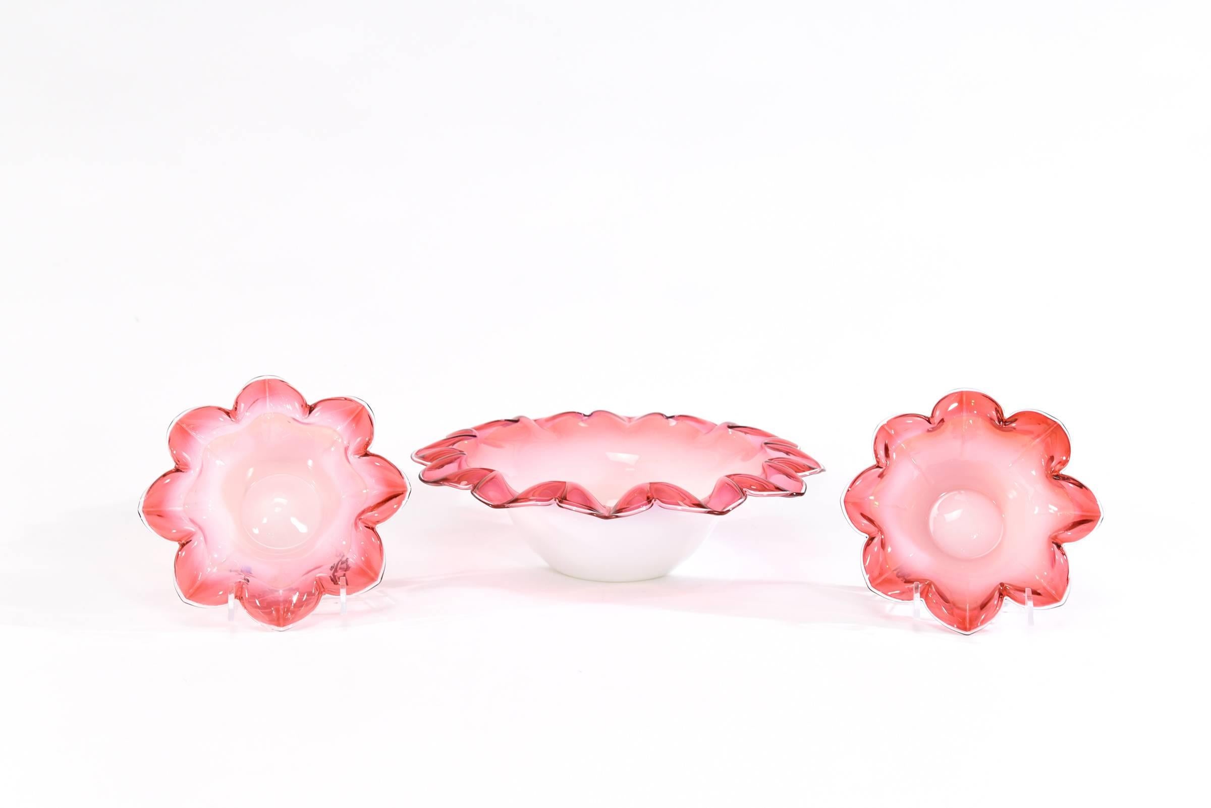 European Handblown Cranberry Shaded to Pink Flower Shaped Dessert Berry Set of 13 Pieces For Sale