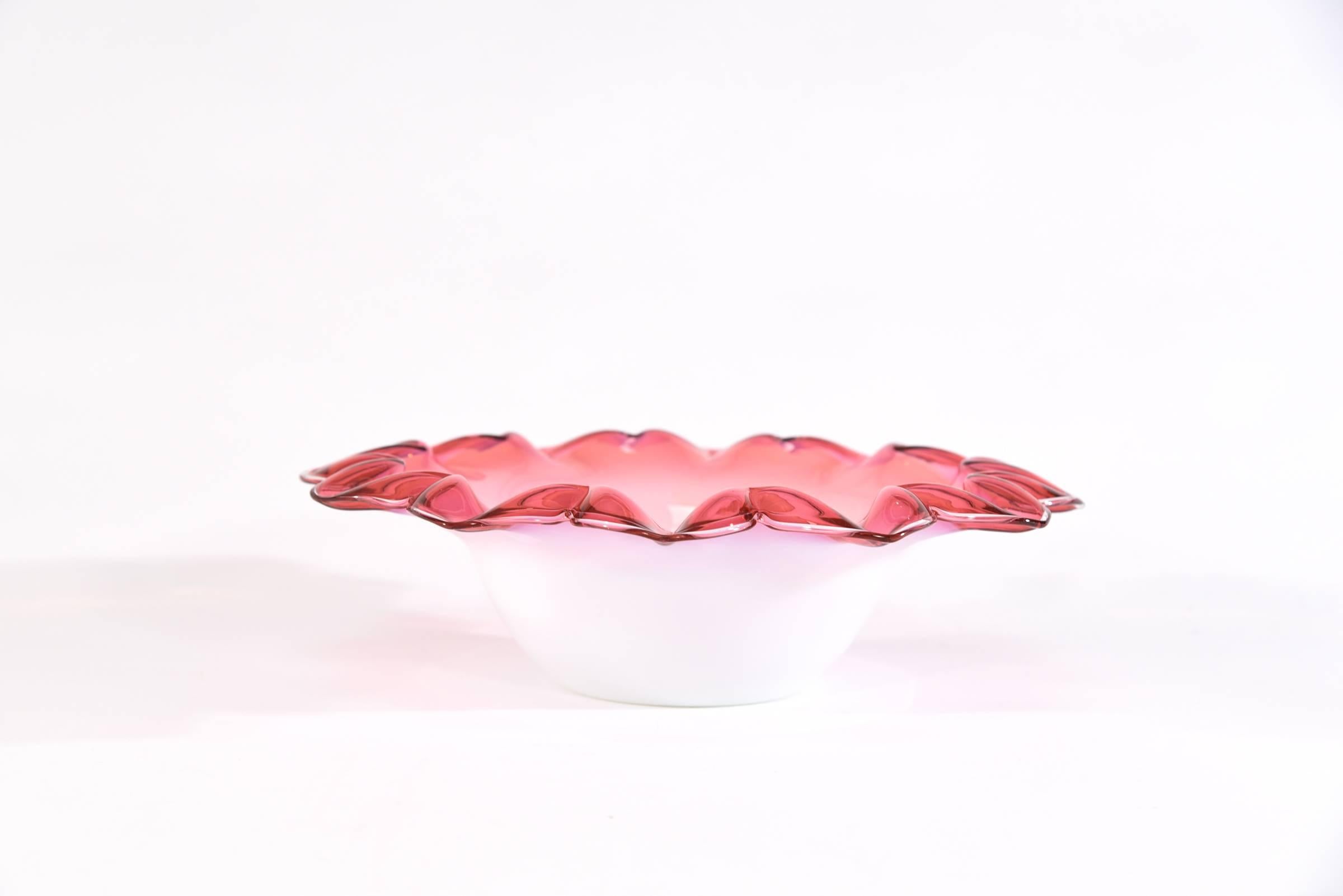 Handblown Cranberry Shaded to Pink Flower Shaped Dessert Berry Set of 13 Pieces In Excellent Condition For Sale In Great Barrington, MA