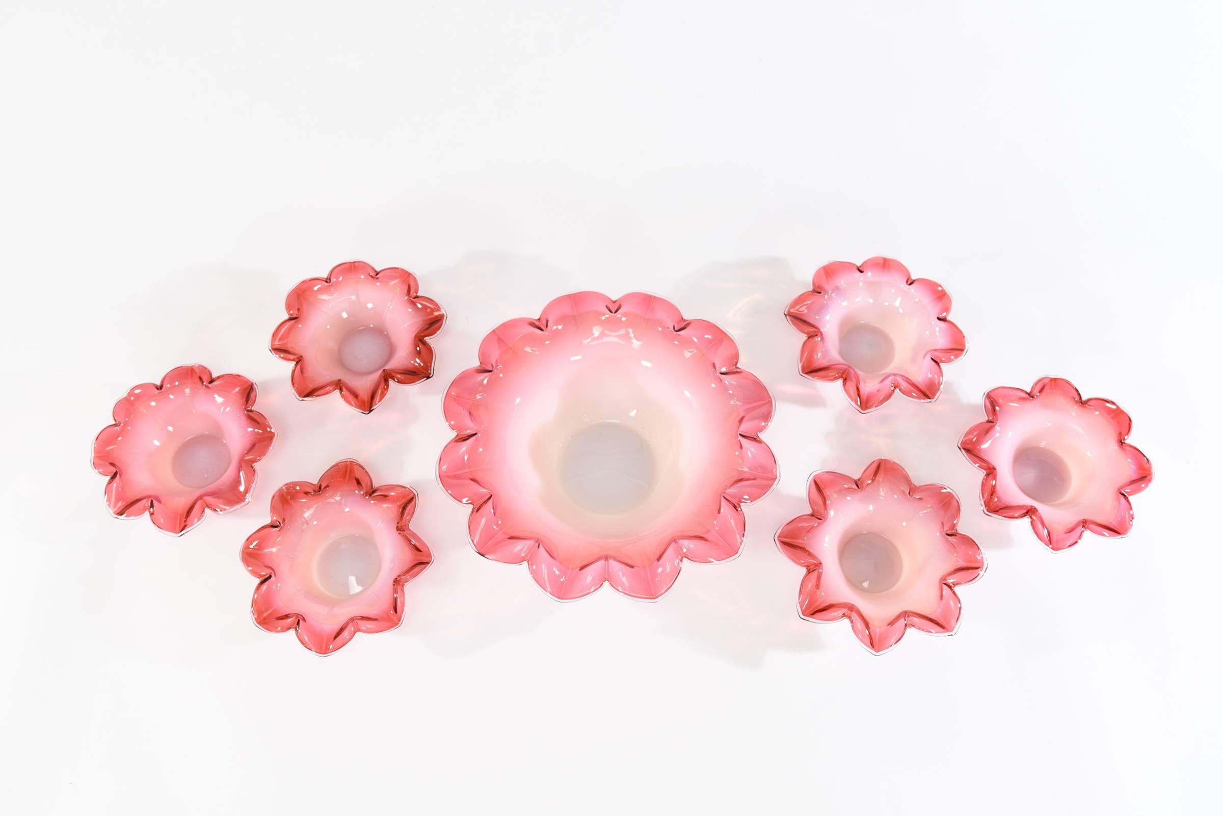 Glass Handblown Cranberry Shaded to Pink Flower Shaped Dessert Berry Set of 13 Pieces For Sale
