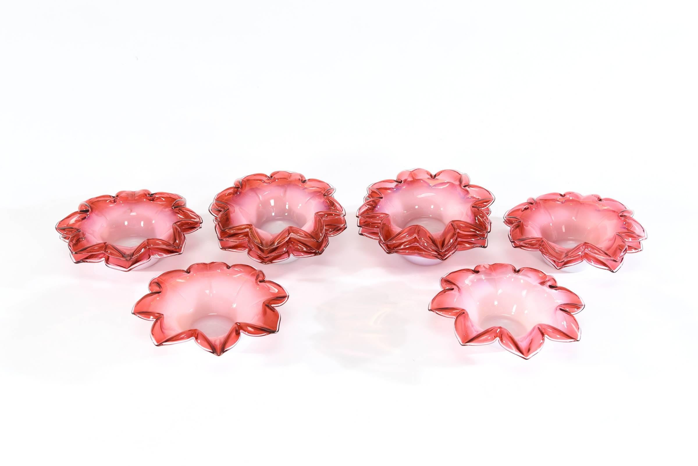 Handblown Cranberry Shaded to Pink Flower Shaped Dessert Berry Set of 13 Pieces For Sale 1