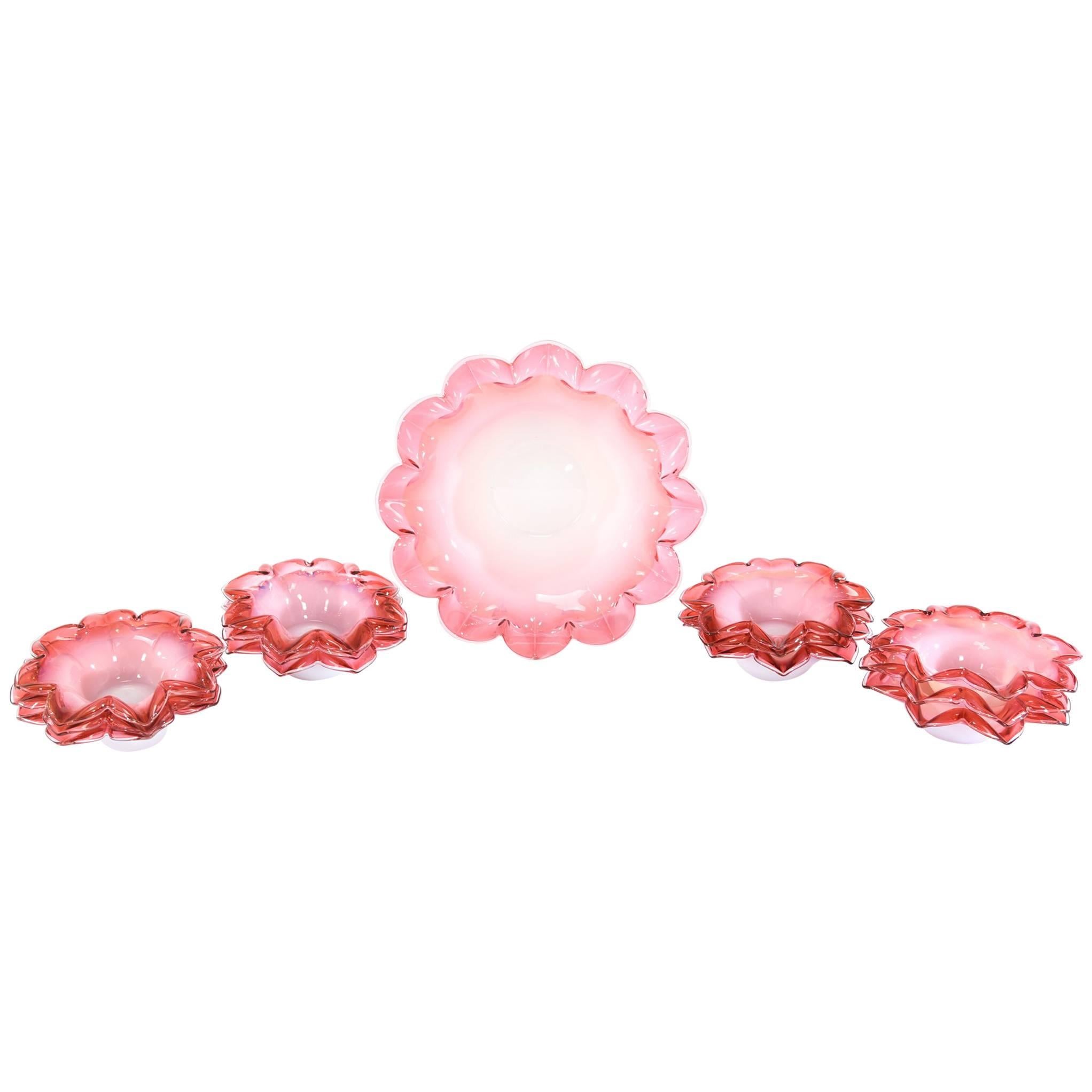 Handblown Cranberry Shaded to Pink Flower Shaped Dessert Berry Set of 13 Pieces