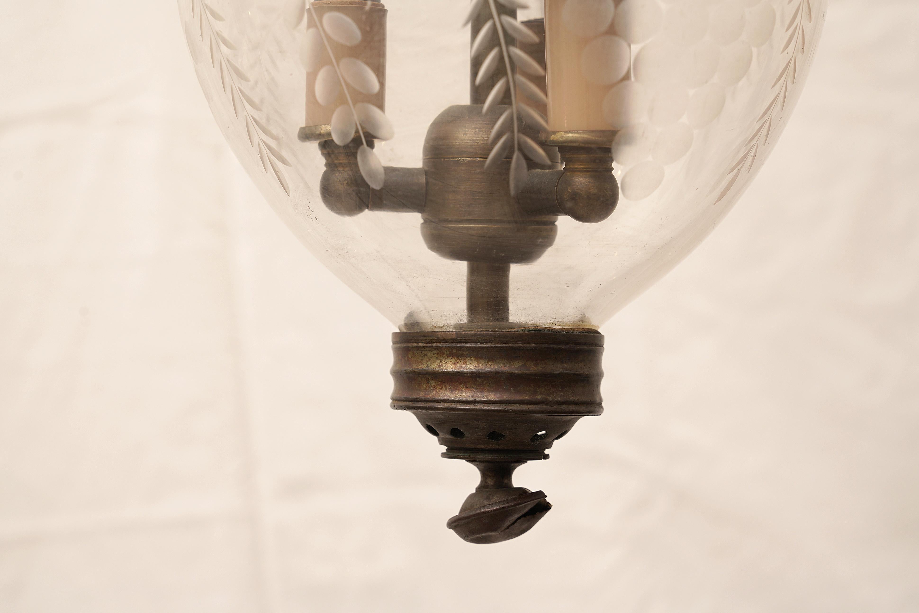 Hand Blown Etched Bell Jar Hall Lantern, Late 19th Century English In Good Condition In Nantucket, MA