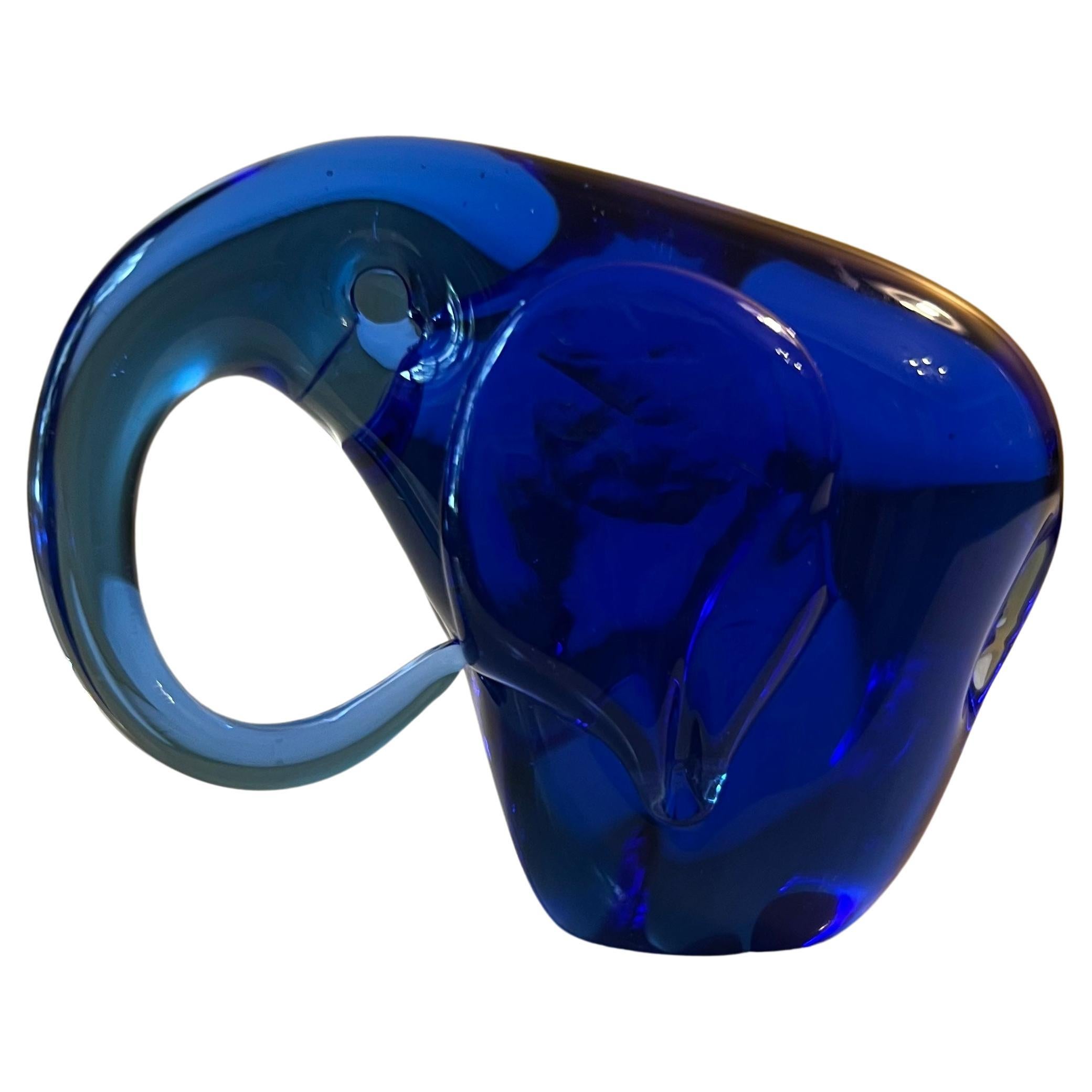 Handblown Glass Blue Elephant Figurine Paperweight For Sale