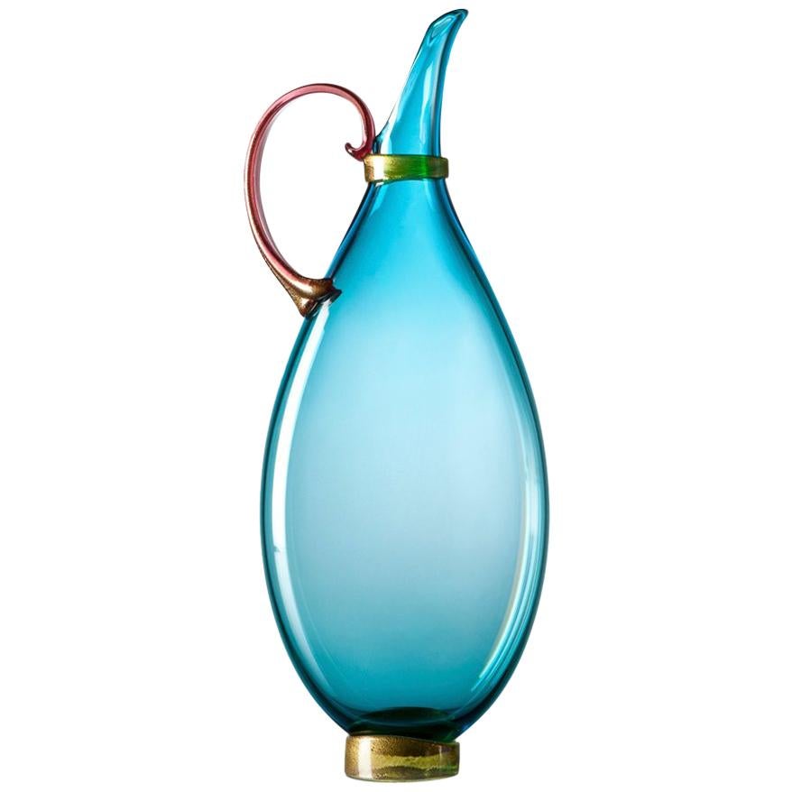 Handblown Glass Pitcher, Bright Blue Vase, Size Small, by Vetro Vero For Sale