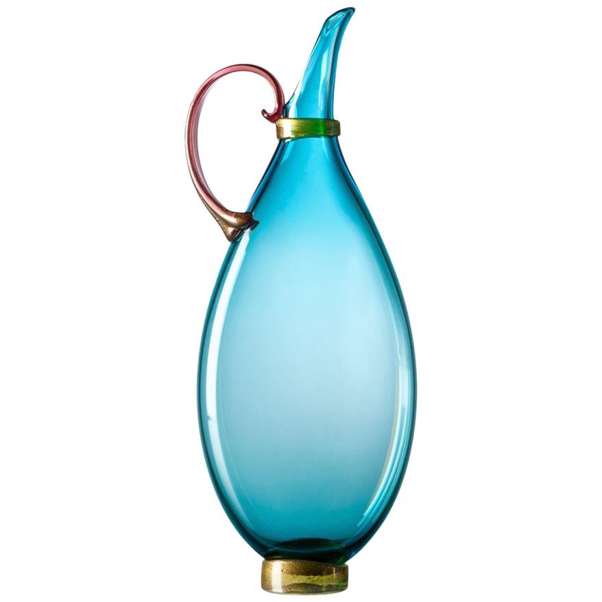 Handblown Glass Pitcher, Bright Turquoise Vase, Size Medium, by Vetro Vero For Sale