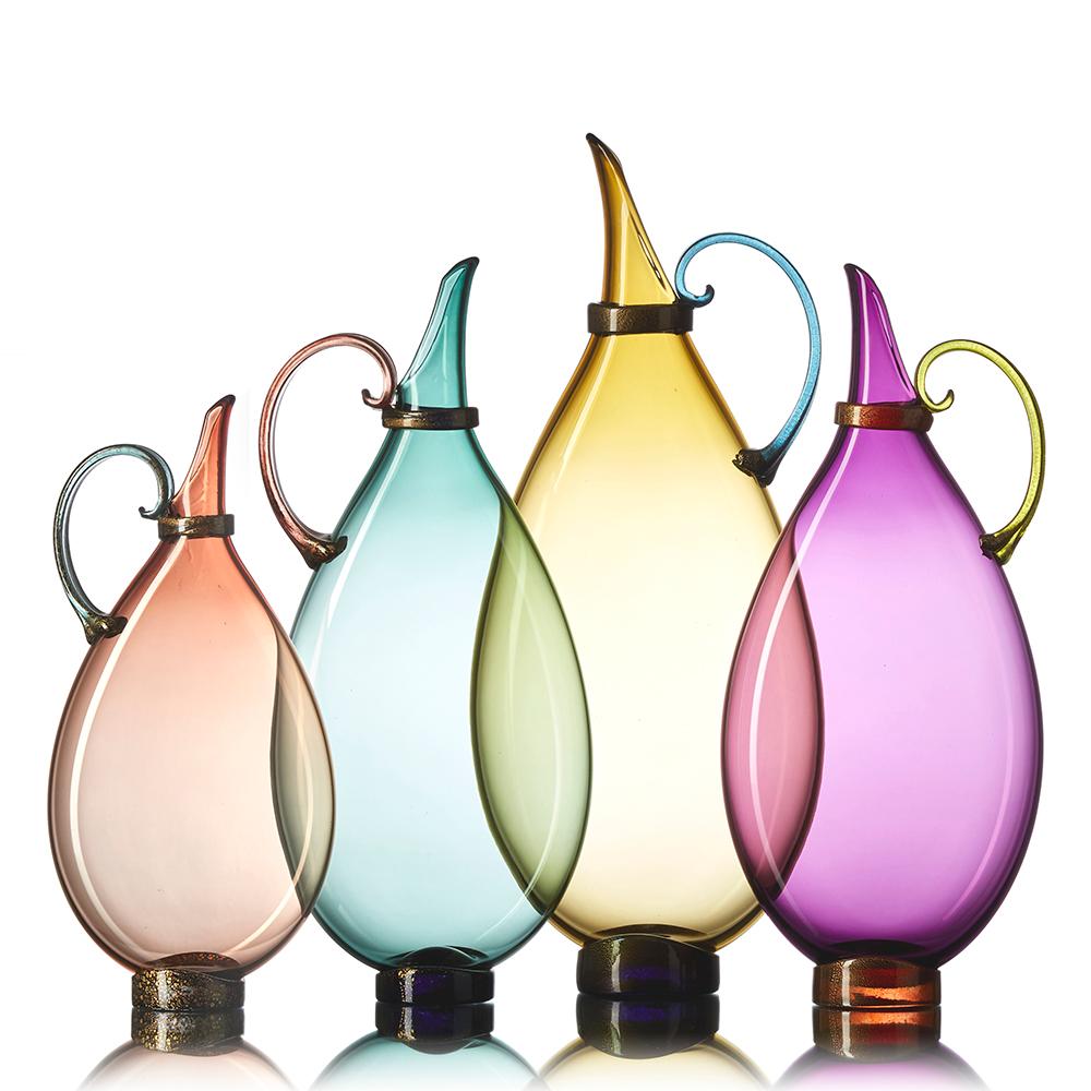 Modern Handblown Glass Pitcher, Colorful Aqua with Gold, Made-to-Order by Vetro Vero For Sale