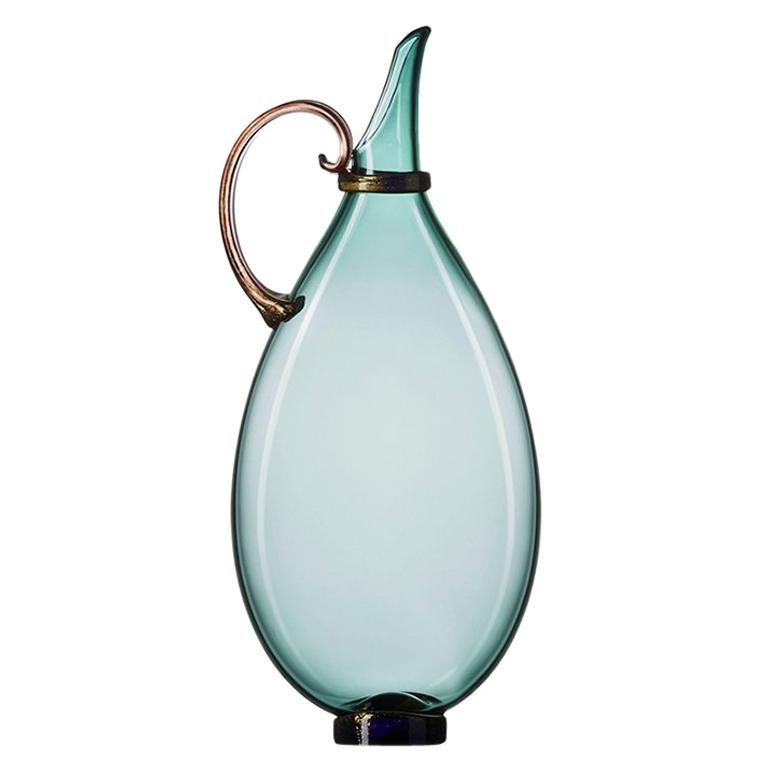 Handblown Glass Pitcher, Colorful Aqua with Gold, Made-to-Order by Vetro Vero For Sale