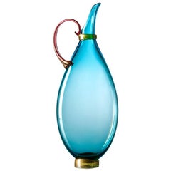 Hand Blown Glass Pitcher, Vibrant Aquamarine Vessel, Size Tall by Vetro Vero