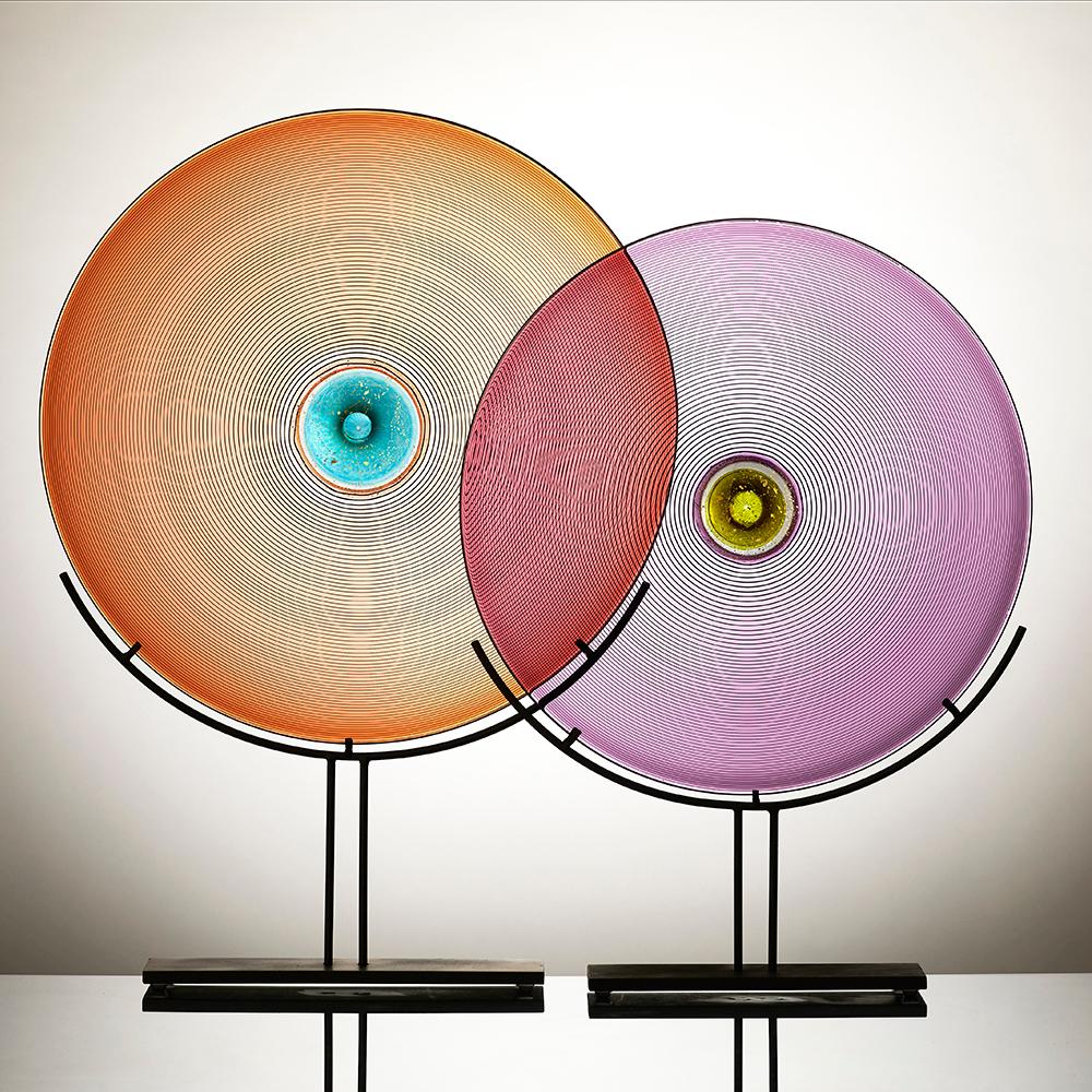 Hand-Crafted Hand Blown Glass Sculpture, Amethyst Disc, One of a Kind, by Vetro Vero For Sale