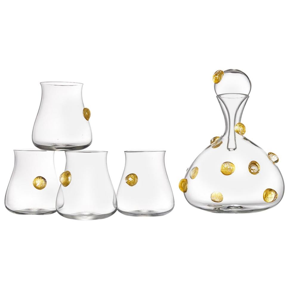 Hand Blown Glass Wine Decanter and Four Glasses with Gold Gift Set by Vetro Vero For Sale