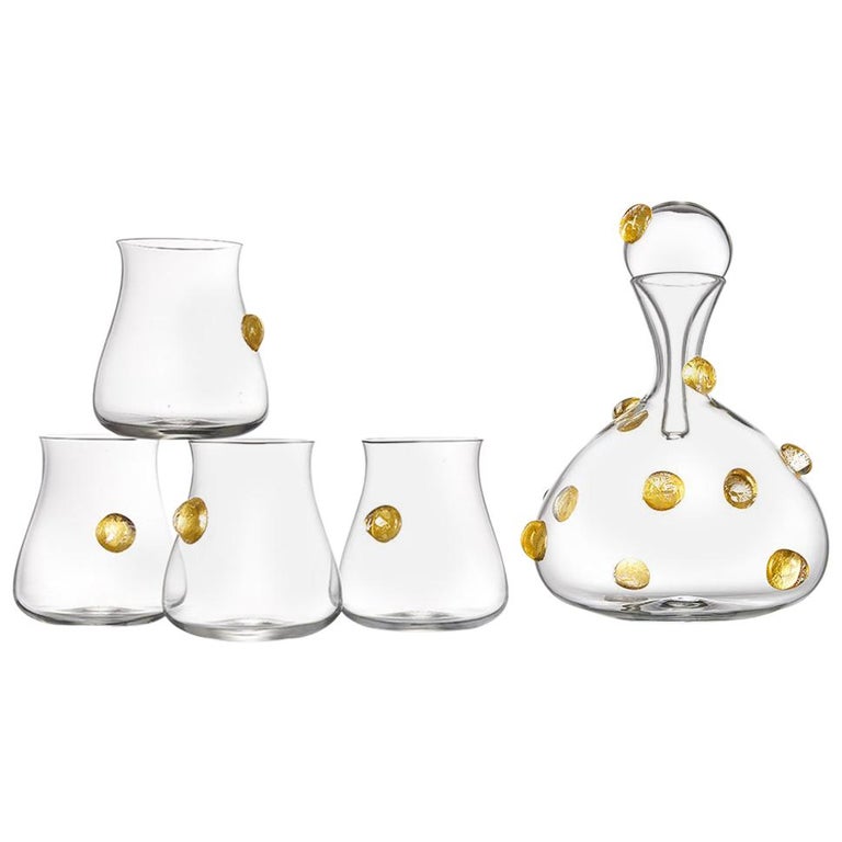 Hand Blown Glass Wine Decanter and Four Glasses with Gold Gift Set by