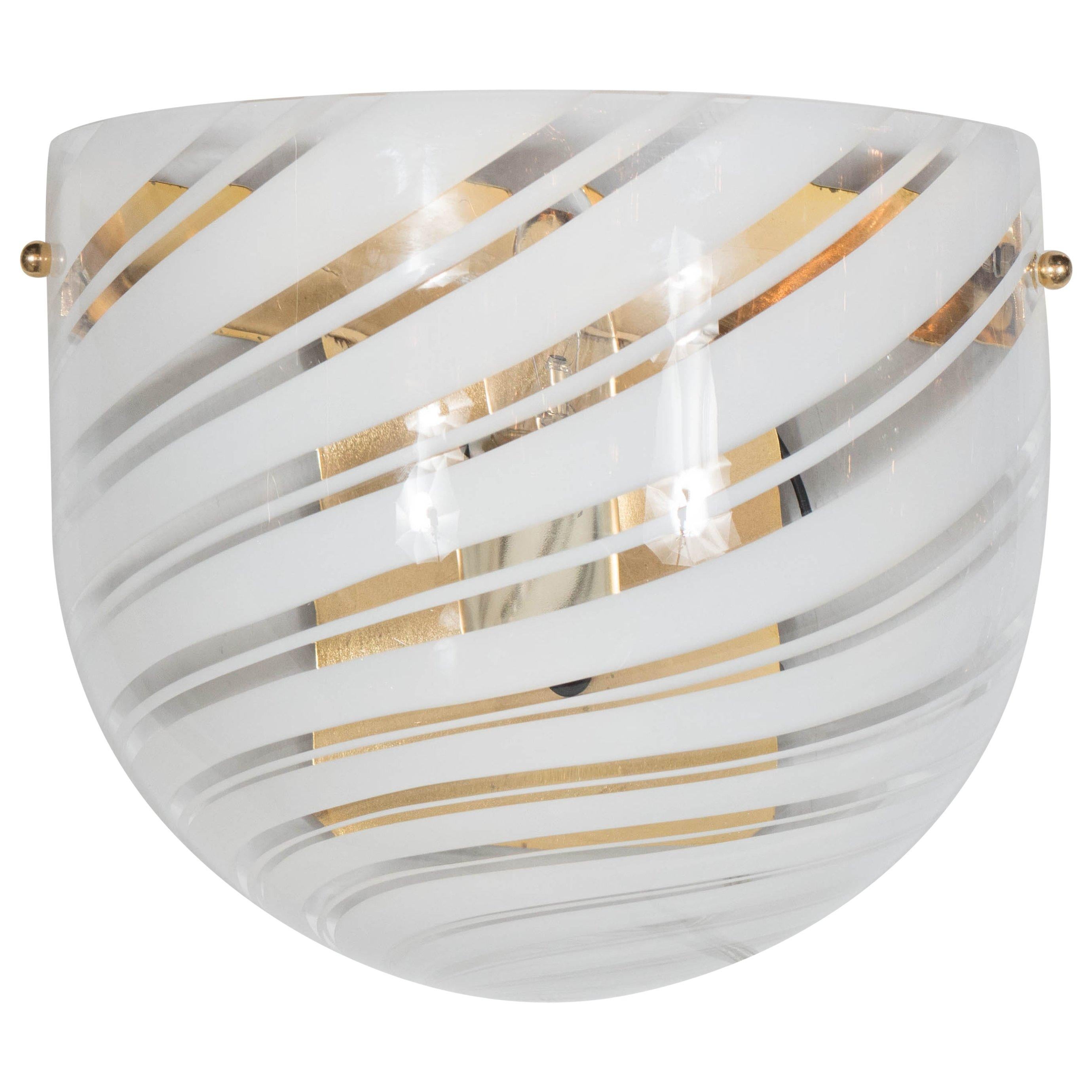 Handblown Mid-Century Modern White and Clear Swirl Murano Glass Wall Sconce For Sale