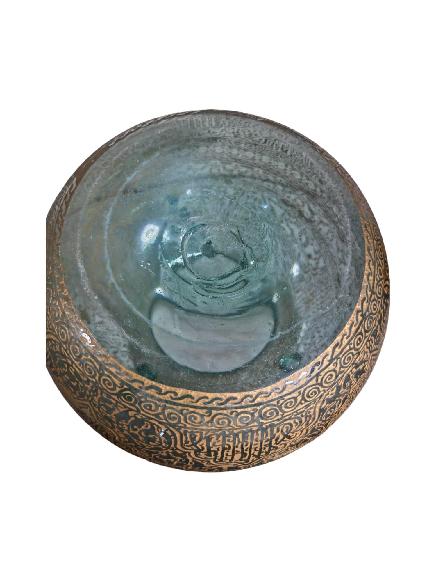 Handblown Mosque glass oil lamp in Mameluke style gilded with Arabic Cursive Calligraphy
Middle Eastern Mosque lamp in the Islamic tradition, Moorish style etched blown clear glass with gilded calligraphic inscriptions.
Dimensions: 35 cm high and25