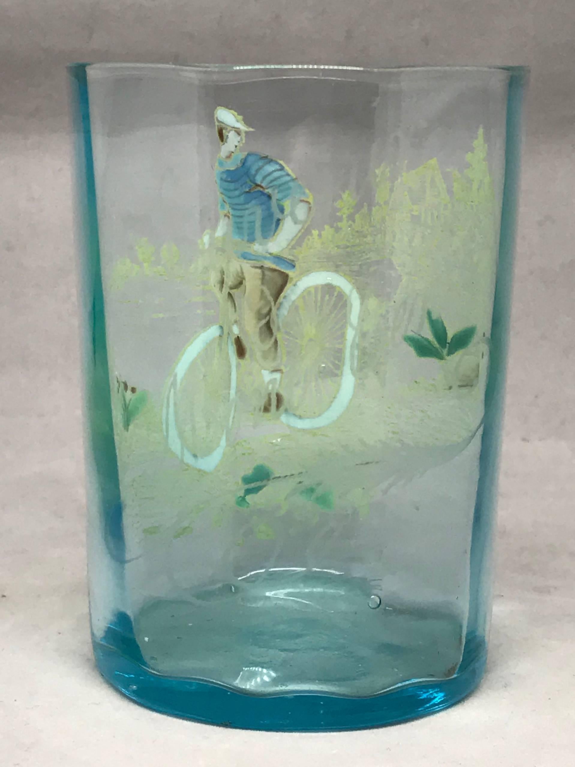Handblown Murano  athletic cycling motif glass.  Individually handblown and designed glass with a bicyclist on the Moncenisio Pass, called Mont Cenis in France; site of a famous rail tunnel and stage on the Tour de France. Etched on the reverse,