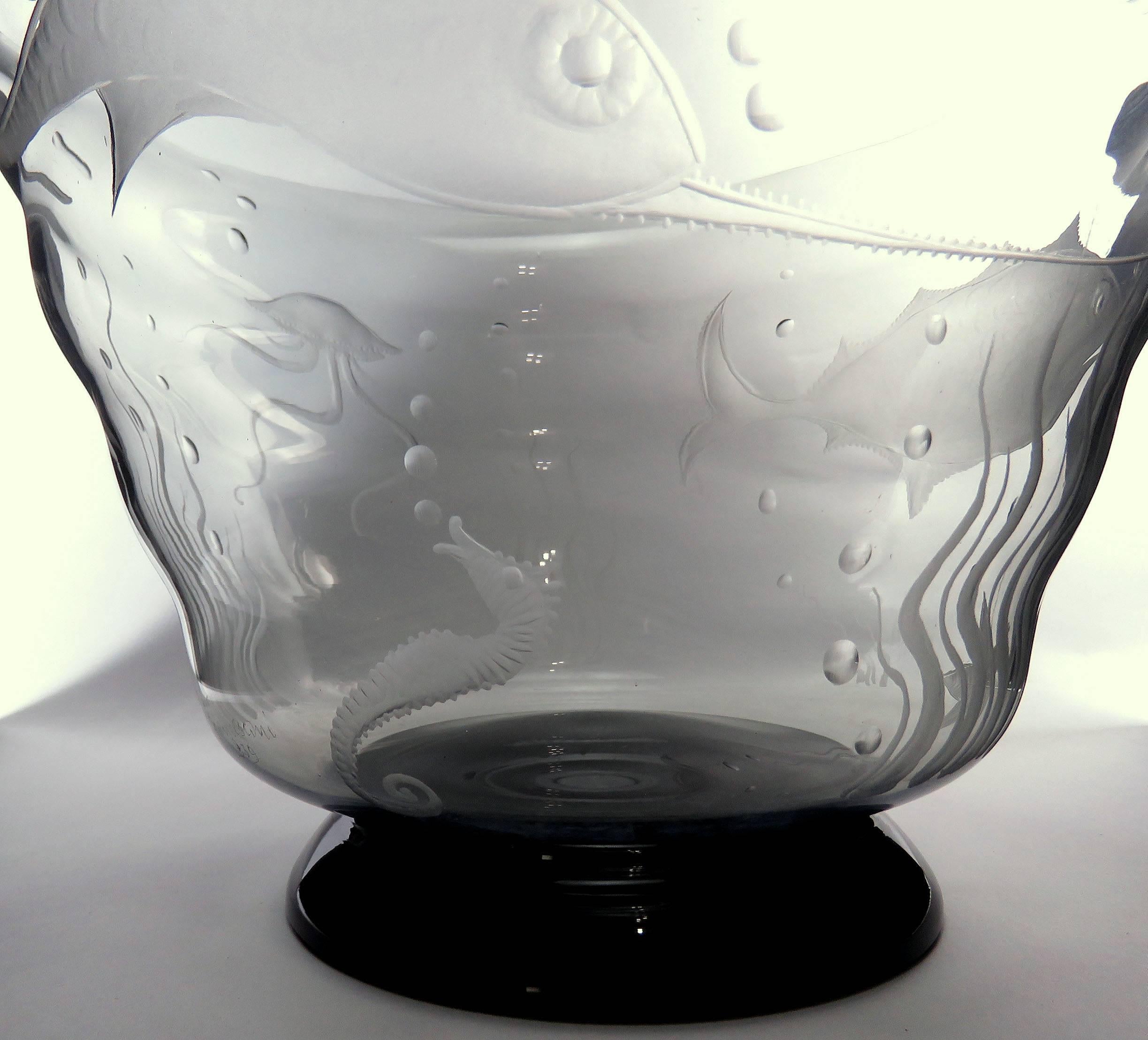 Art Glass Handblown Murano Engraved Glass Bowl by Gino Francesconi 'S.A.L.I.R.' Dated 1939