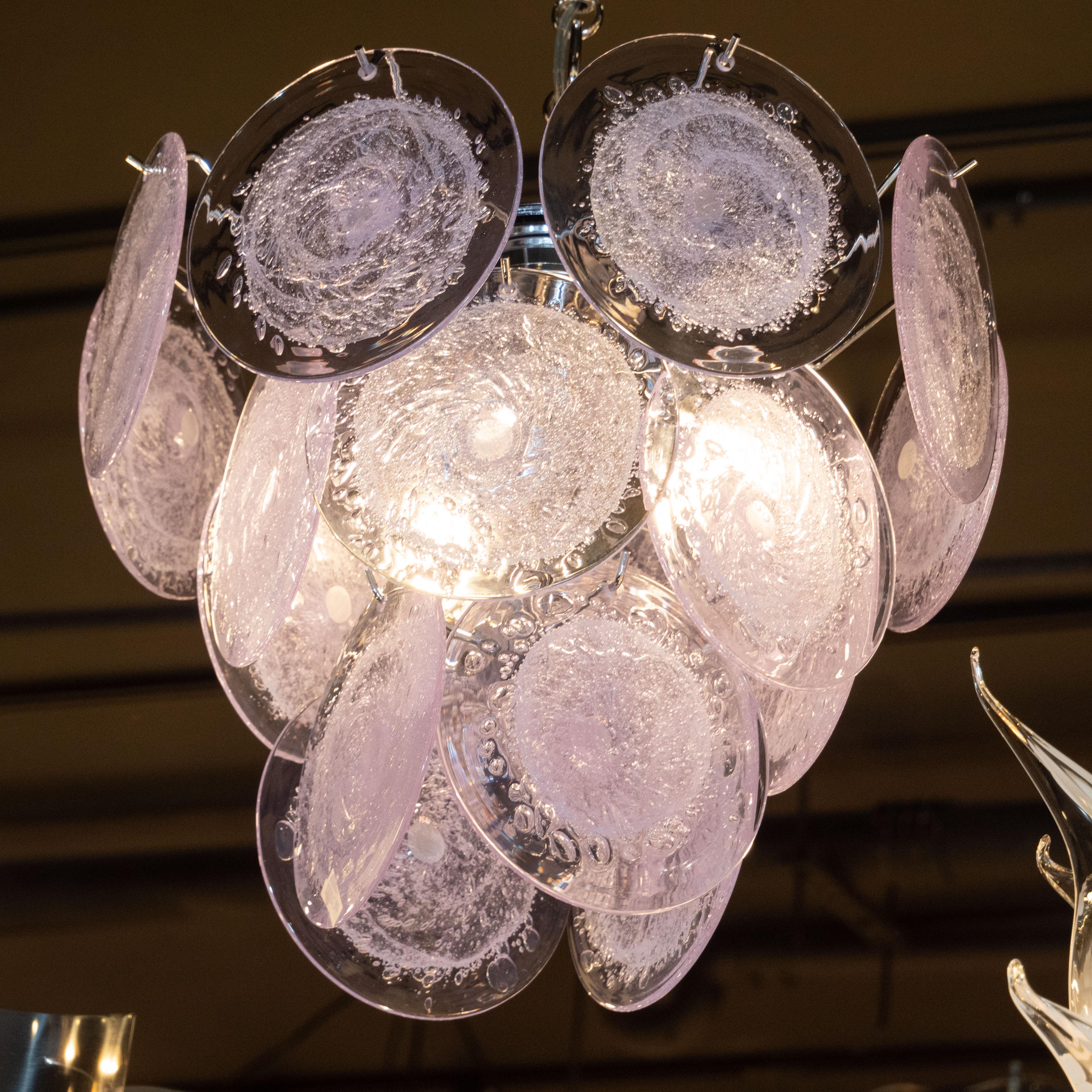 Mid-Century Modern Hand Blown Murano Translucent Lavender and Chrome Three-Tier Disc Chandelier For Sale