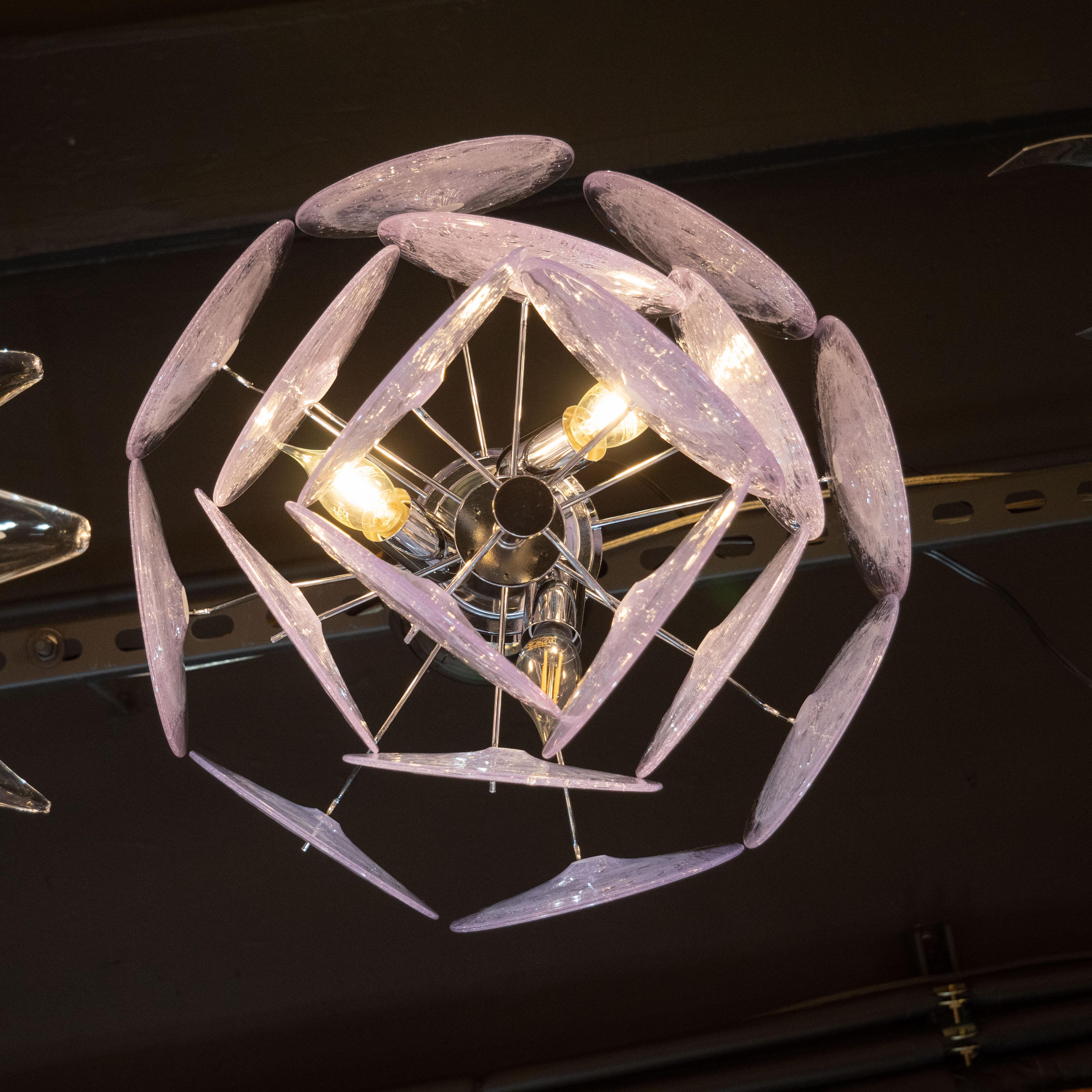 Hand Blown Murano Translucent Lavender and Chrome Three-Tier Disc Chandelier In New Condition In New York, NY