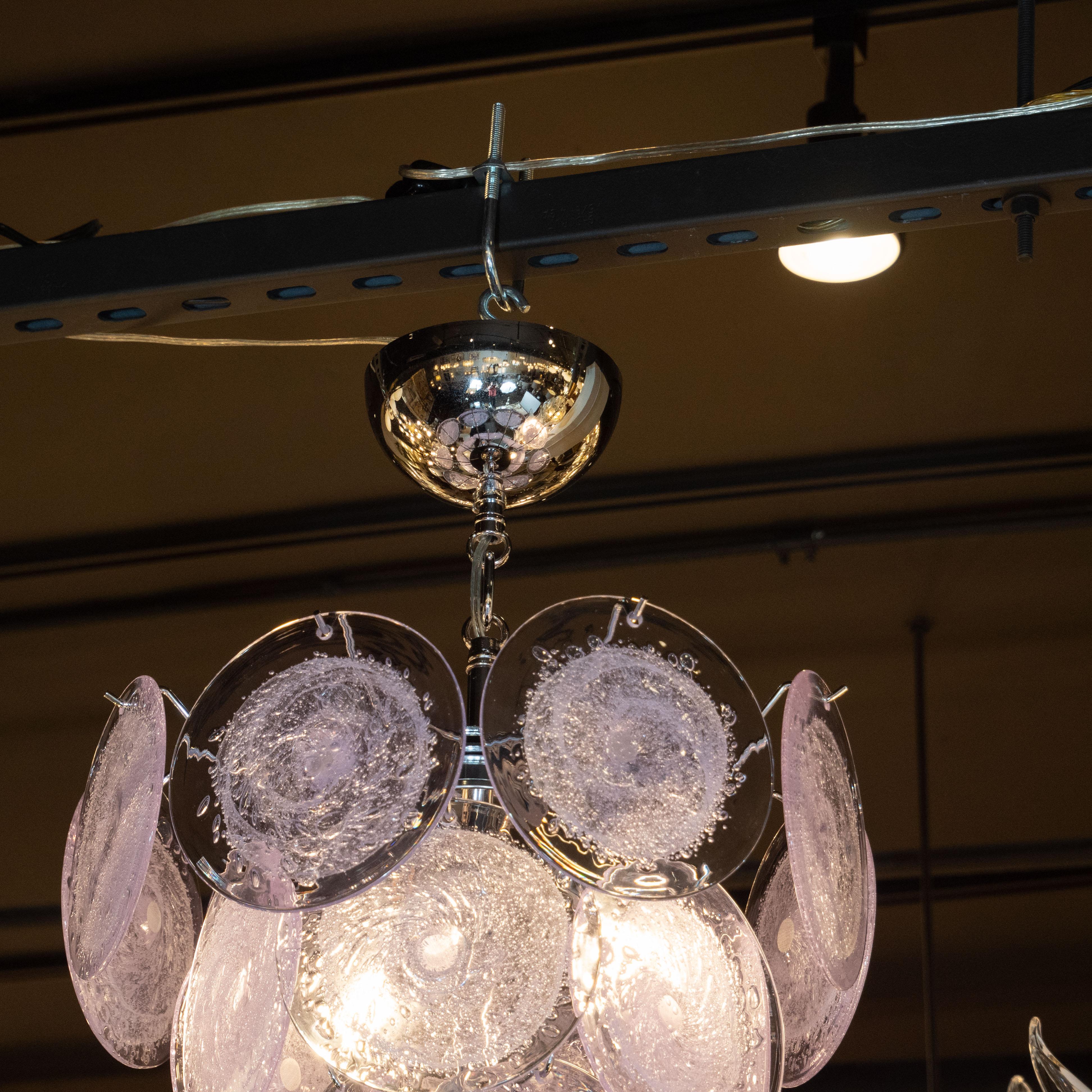 Contemporary Hand Blown Murano Translucent Lavender and Chrome Three-Tier Disc Chandelier For Sale