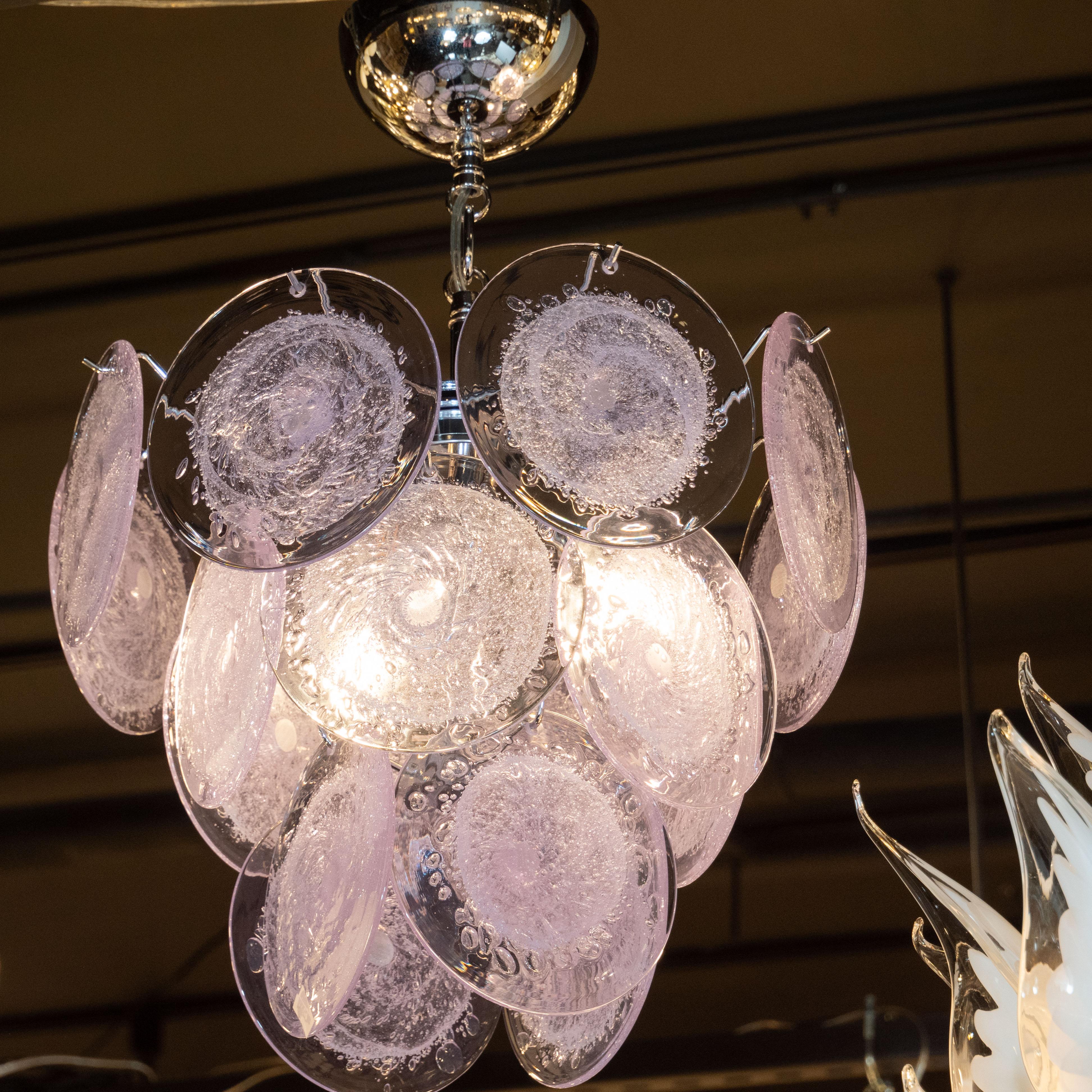 Hand Blown Murano Translucent Lavender and Chrome Three-Tier Disc Chandelier For Sale 1