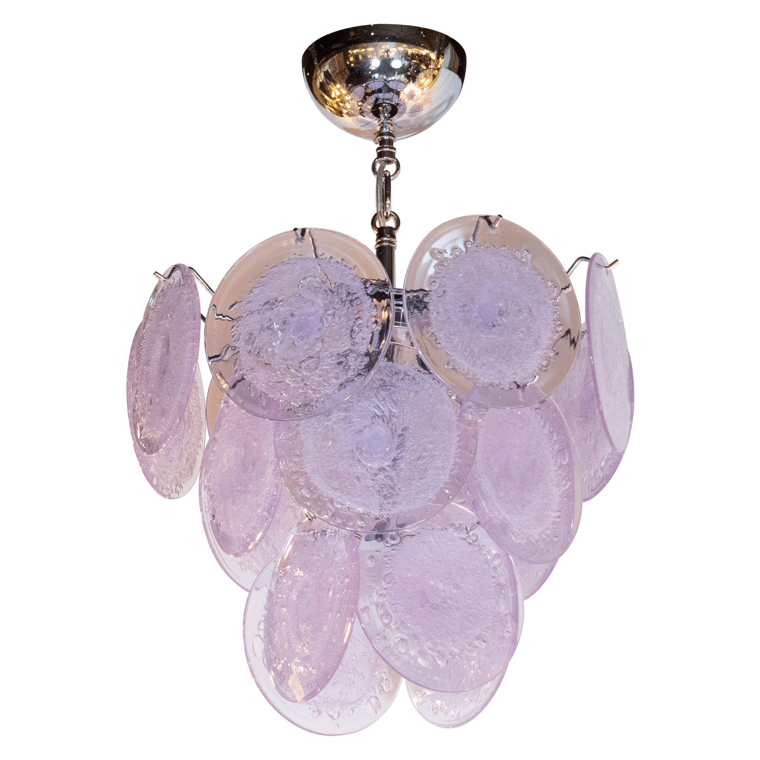 Hand Blown Murano Translucent Lavender and Chrome Three-Tier Disc Chandelier For Sale