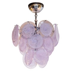 Hand Blown Murano Translucent Lavender and Chrome Three-Tier Disc Chandelier