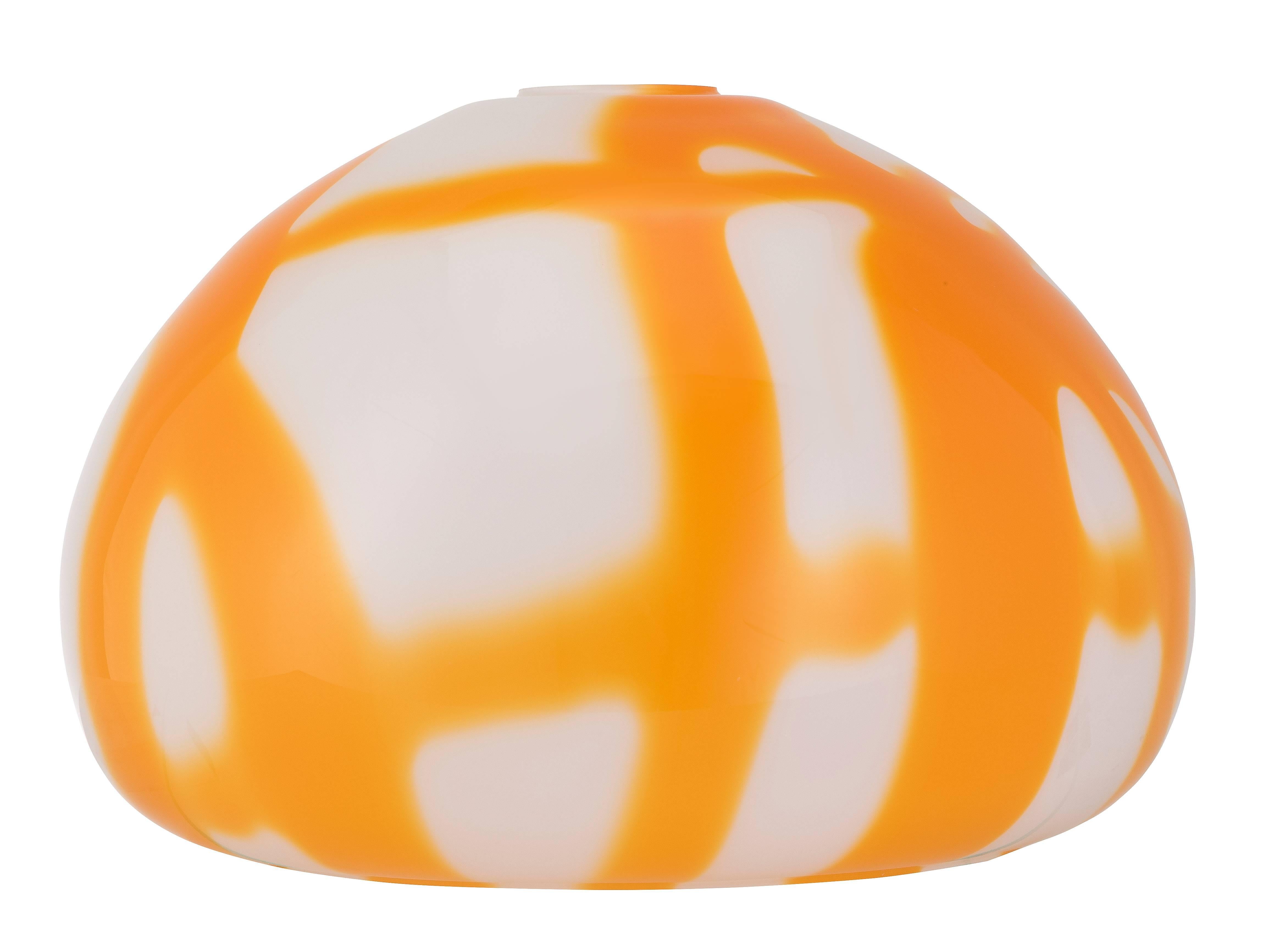 Handblown orange and white mushroom shaped Guzzini style glass pendant lamp.
Italy, circa 1950s.