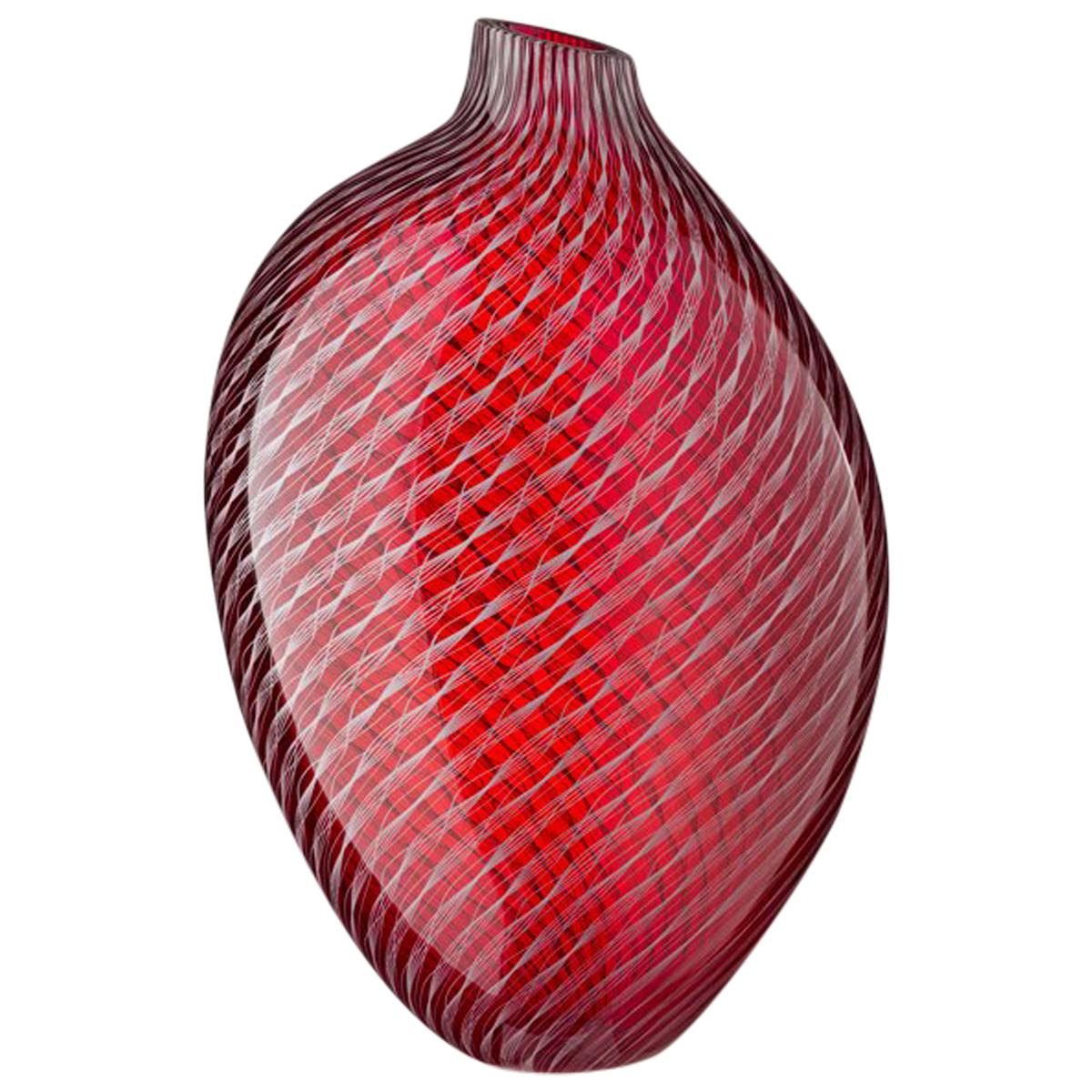 Handblown Red Murano Glass Filigree Vase "Ripple" by Studio Dillon for Salviati For Sale