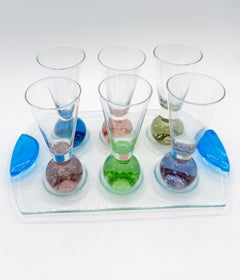Handblown Shot Glass Set with Colored Bubble Bases and Tray, Set of 7  1980s