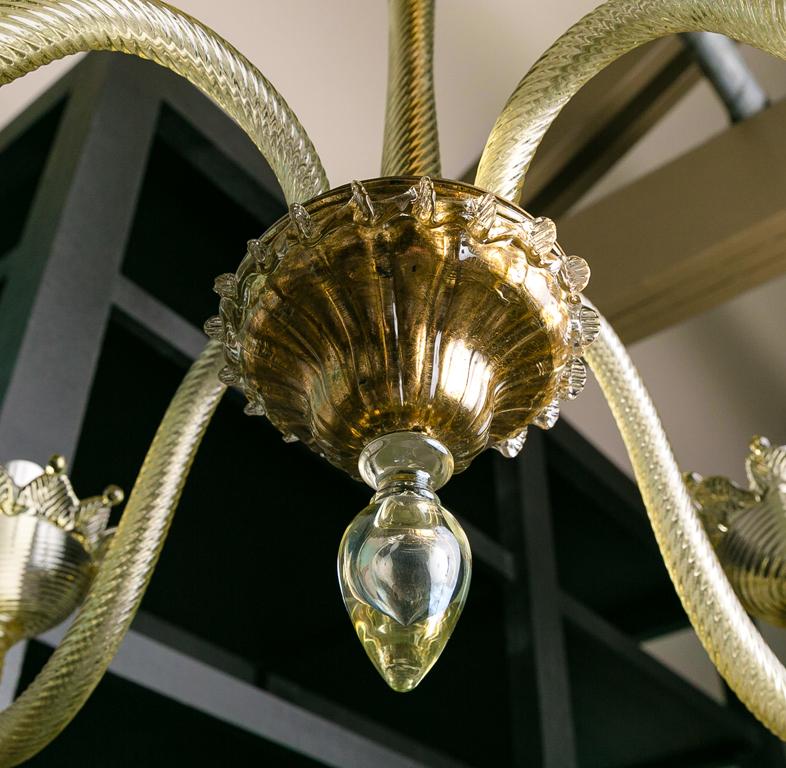 Italian Hand Blown Simple Murano Chandelier with a Slight Olive Cast and Four Arms