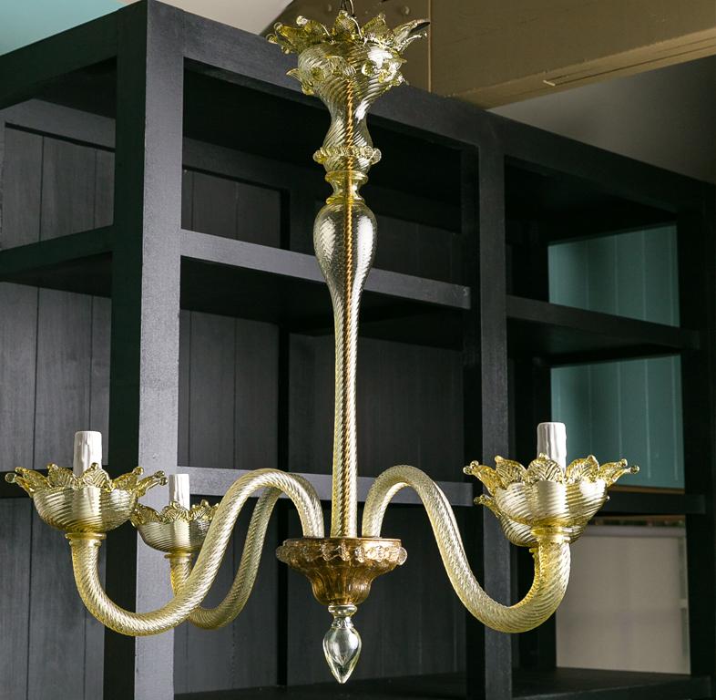 Hand-Crafted Hand Blown Simple Murano Chandelier with a Slight Olive Cast and Four Arms