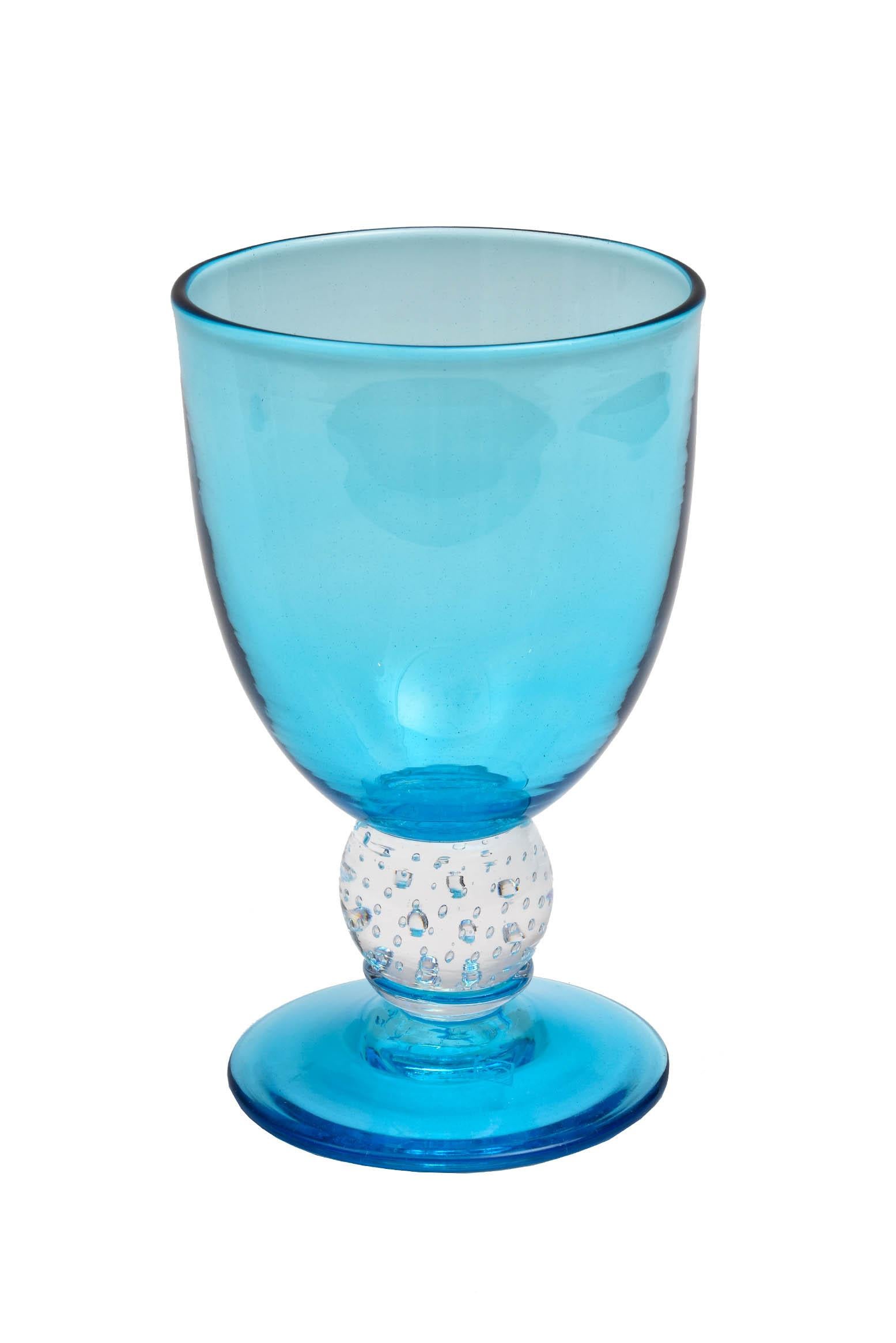 Hard to find vibrant turquoise colored goblets that are each individually blown and feature signature controlled bubble base. Nicely proportioned and heavy weight, they are lovely to hold. Available in large quantities and many colors. Condition